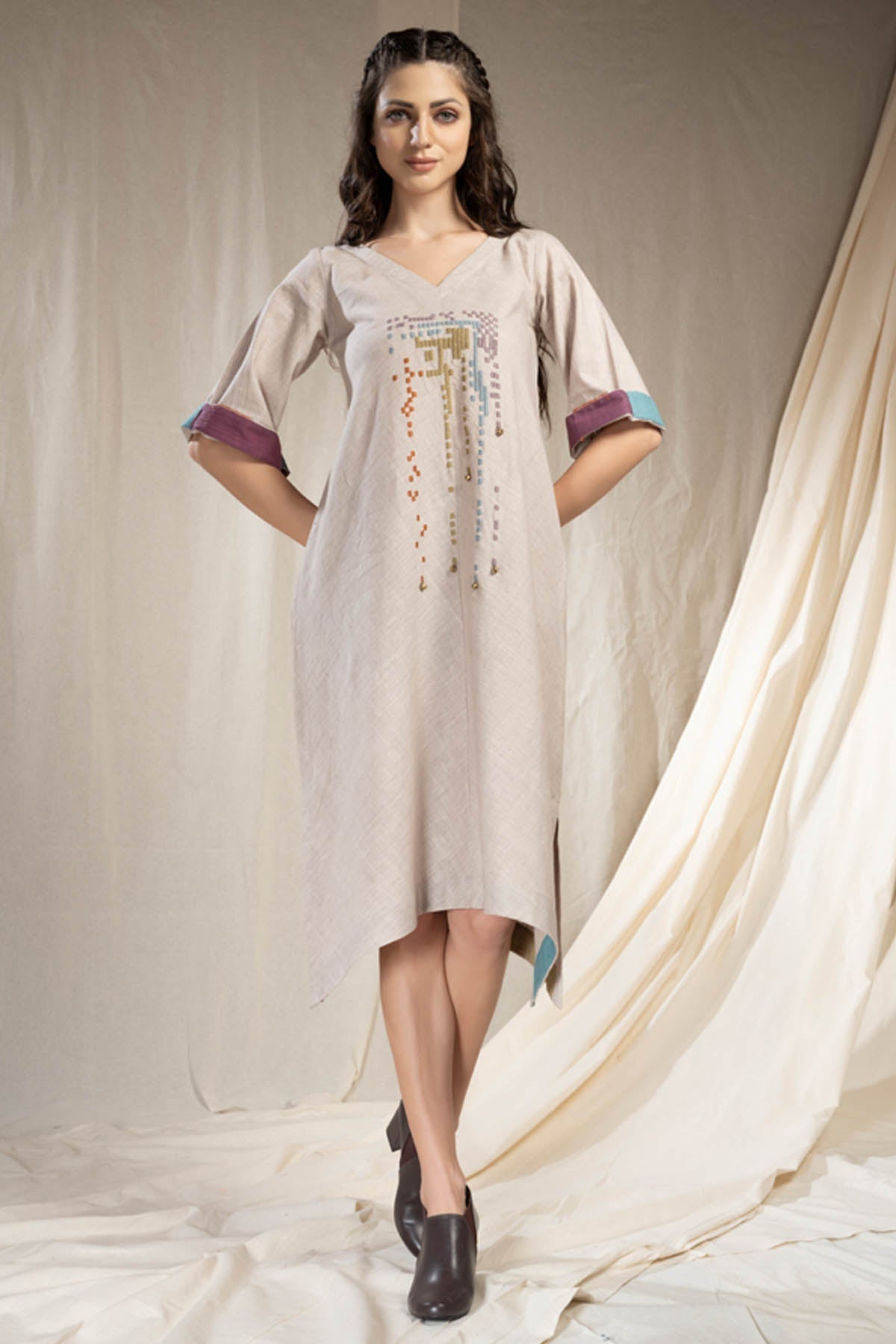 Thread Game Grey Handwoven Cotton Embroidered Dress for women online at ScrollnShops