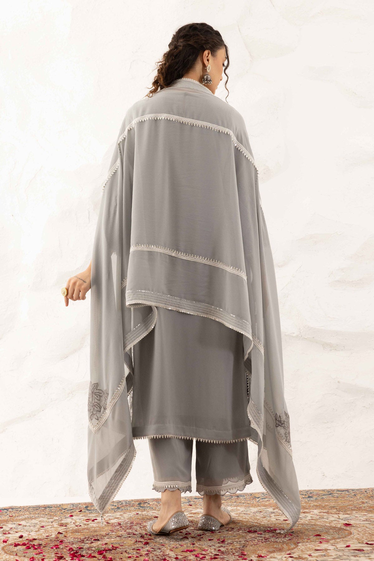 Grey Leaf Embroidered Kurta Set