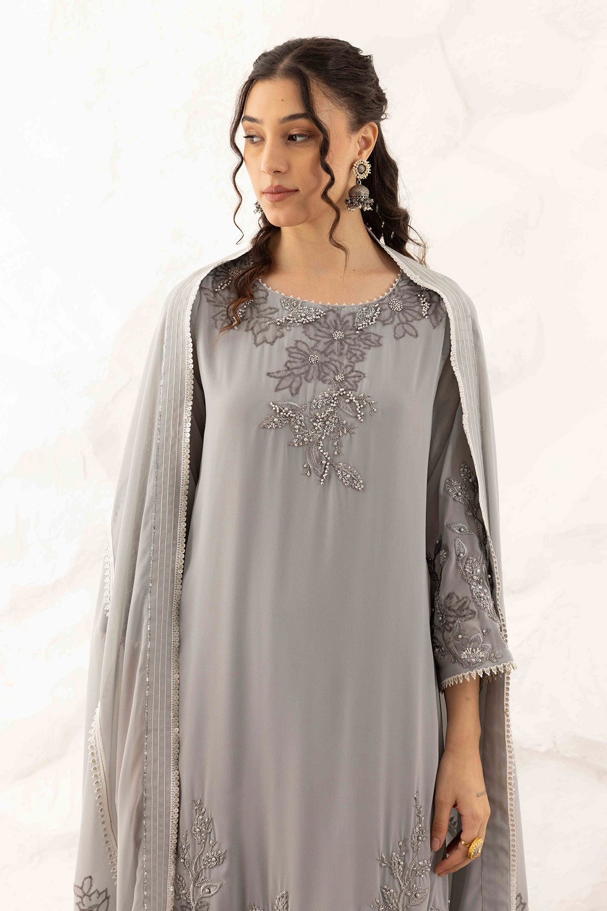 Grey Leaf Embroidered Kurta Set