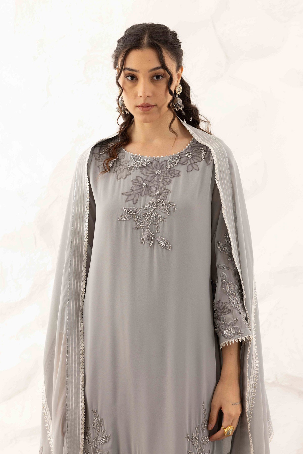 Grey Leaf Embroidered Kurta Set