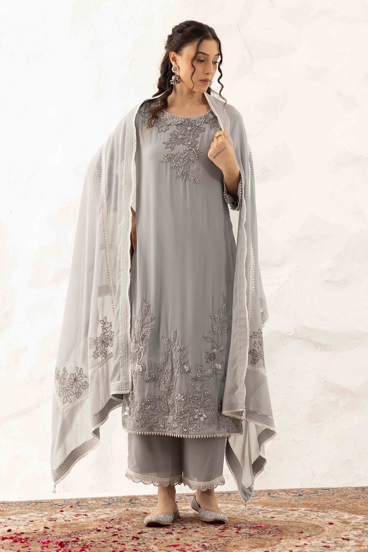 Buy Grey Leaf Embroidered Kurta Set by Ajiesh Oberoi for women online at ScrollnShops