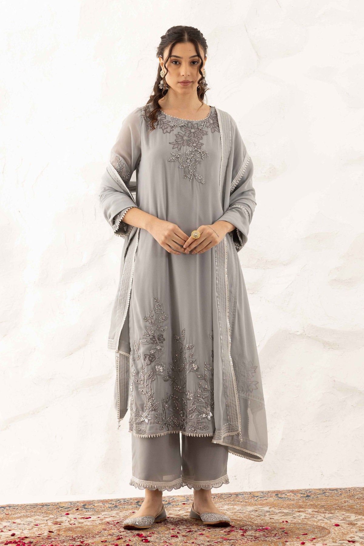 Grey Leaf Embroidered Kurta Set