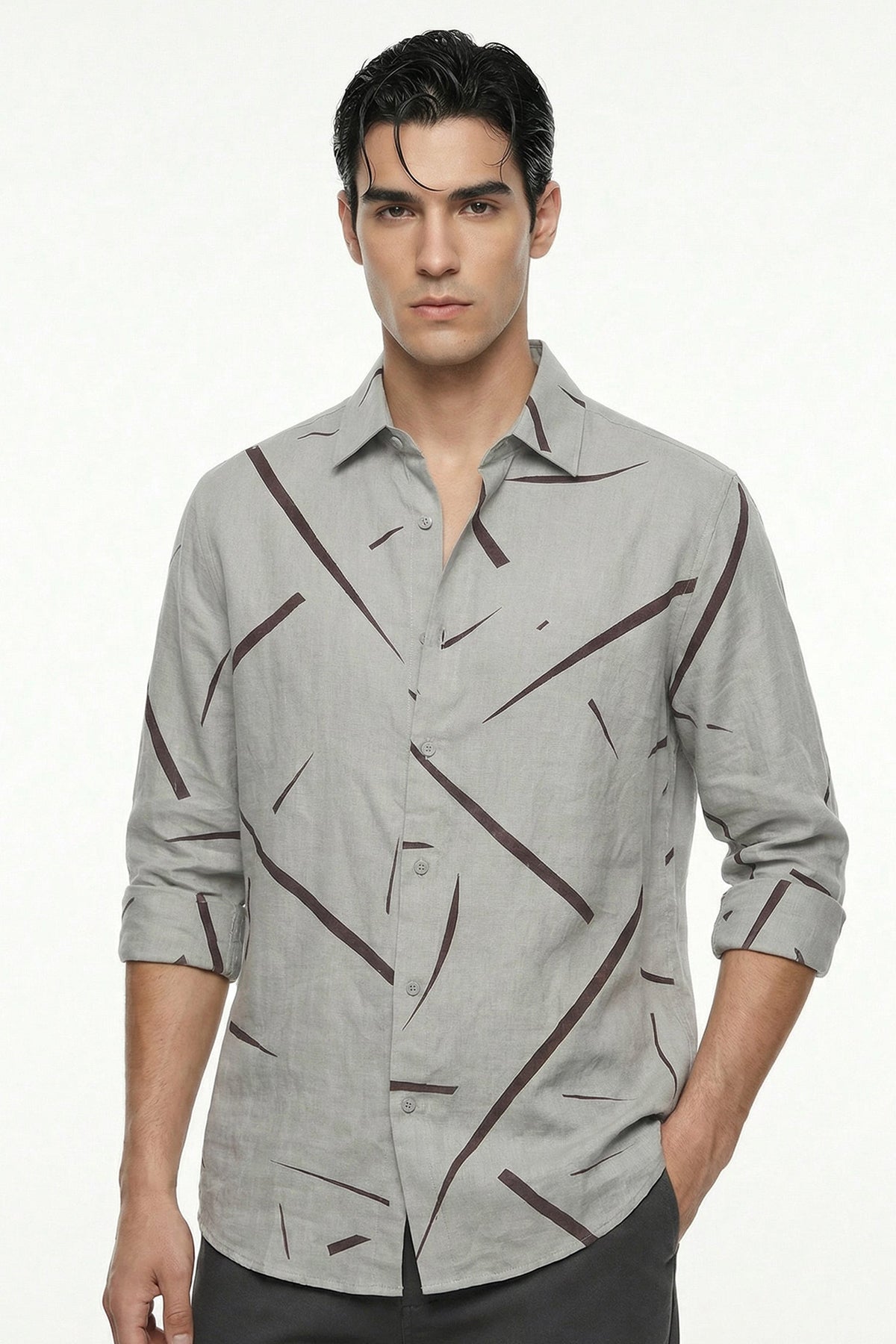 Buy Grey Linen Blend Toned Shirt for men by Tezhhomayaa online available at scrollnshops