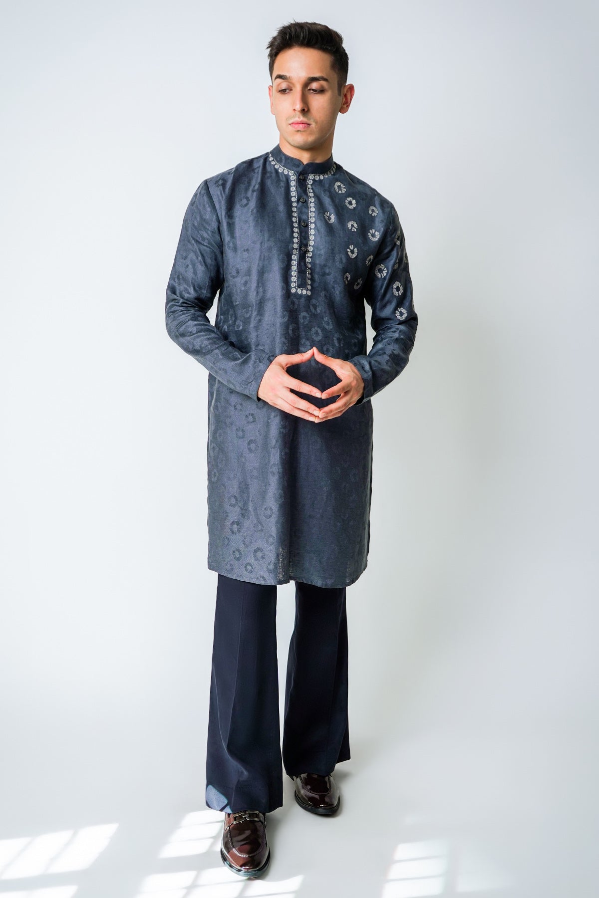Grey Linen Metallic Kurta Set