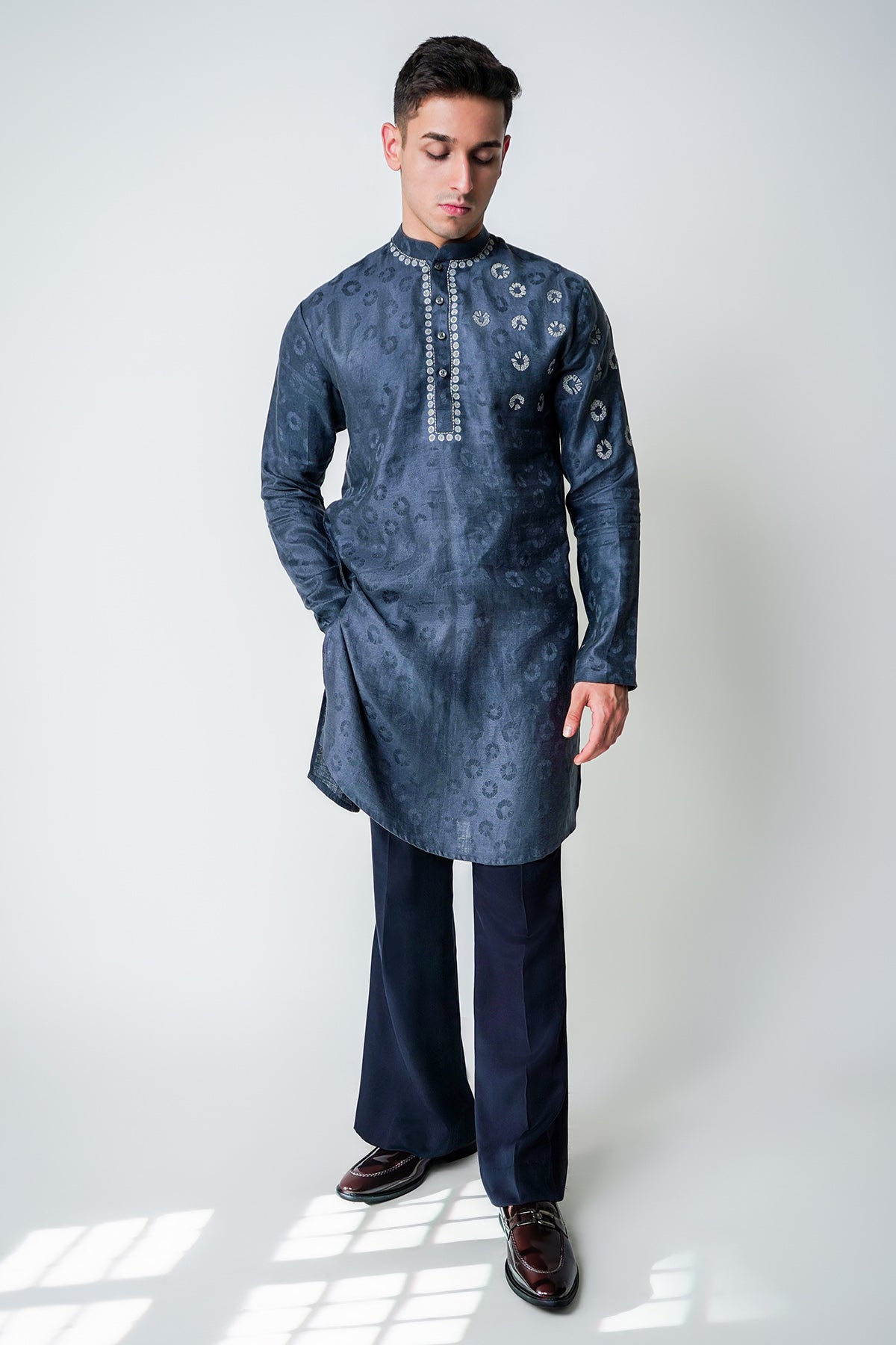 Grey Linen Metallic Kurta Set