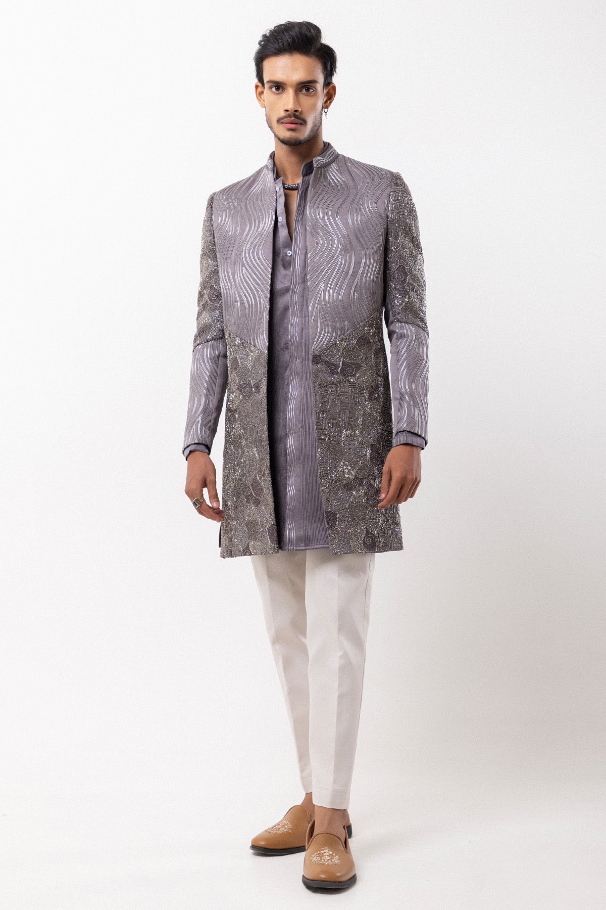 Buy Grey Linen Satin Bird Jacket for men by Paarsh Atelier online available at scrollnshops