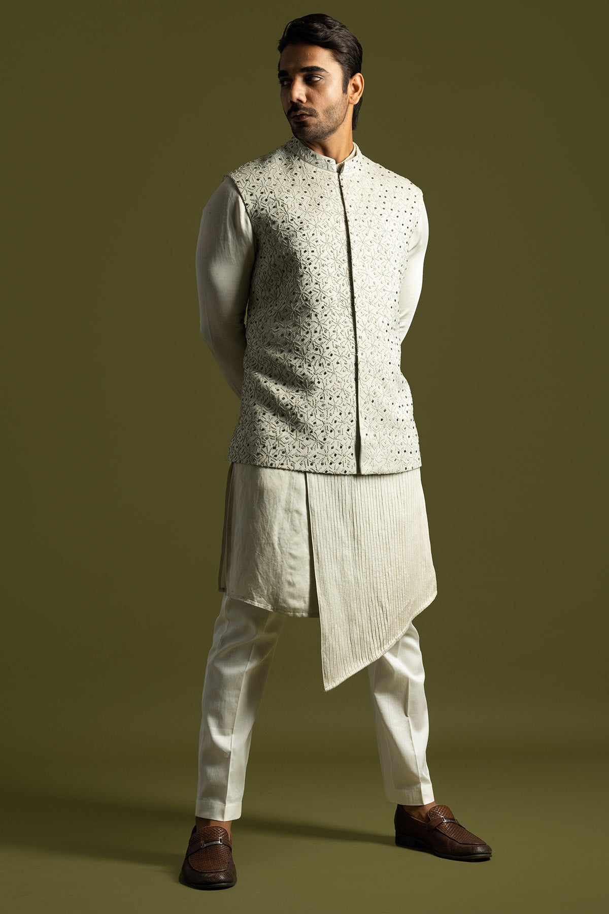 Grey Linen Satin Bundi Jacket