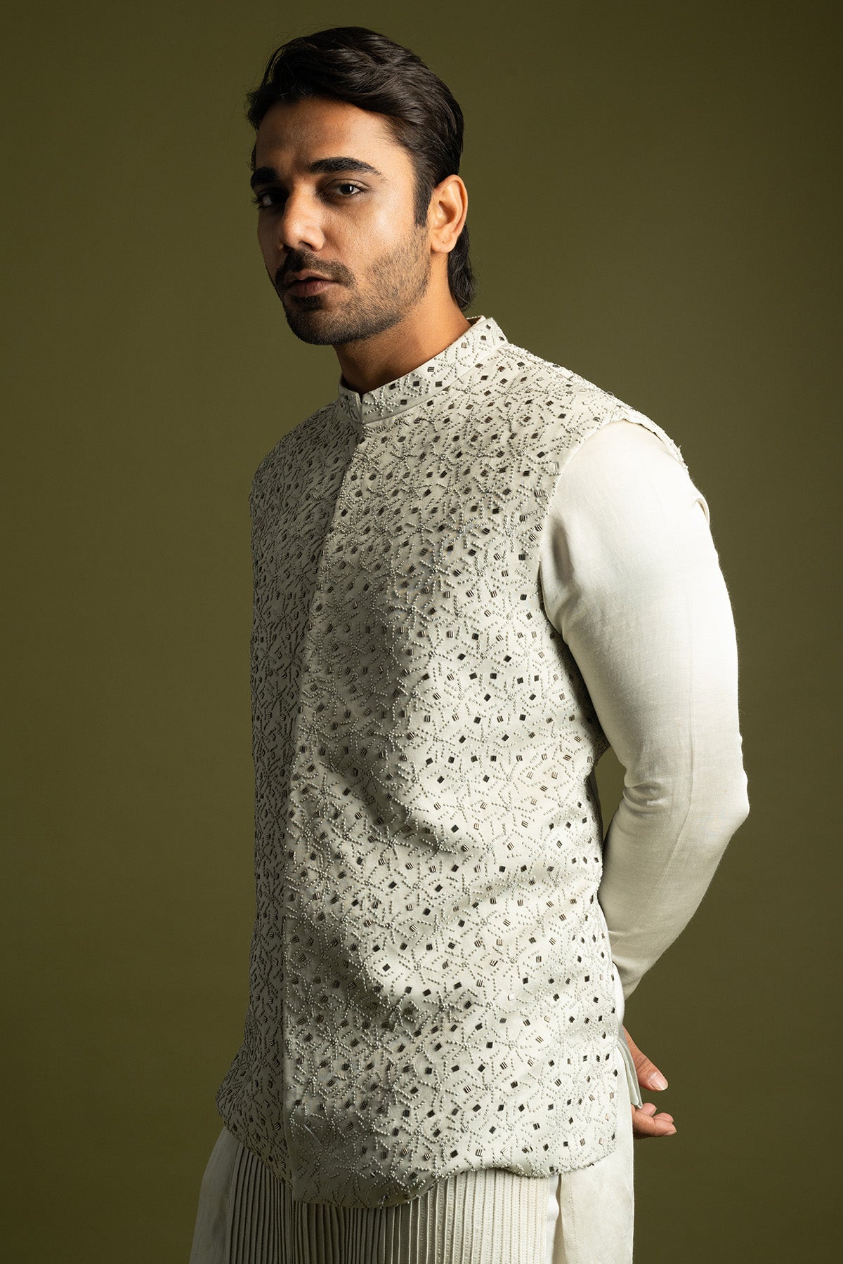 Buy Grey Linen Satin Bundi Jacket for men by Paarsh Atelier online available at scrollnshops