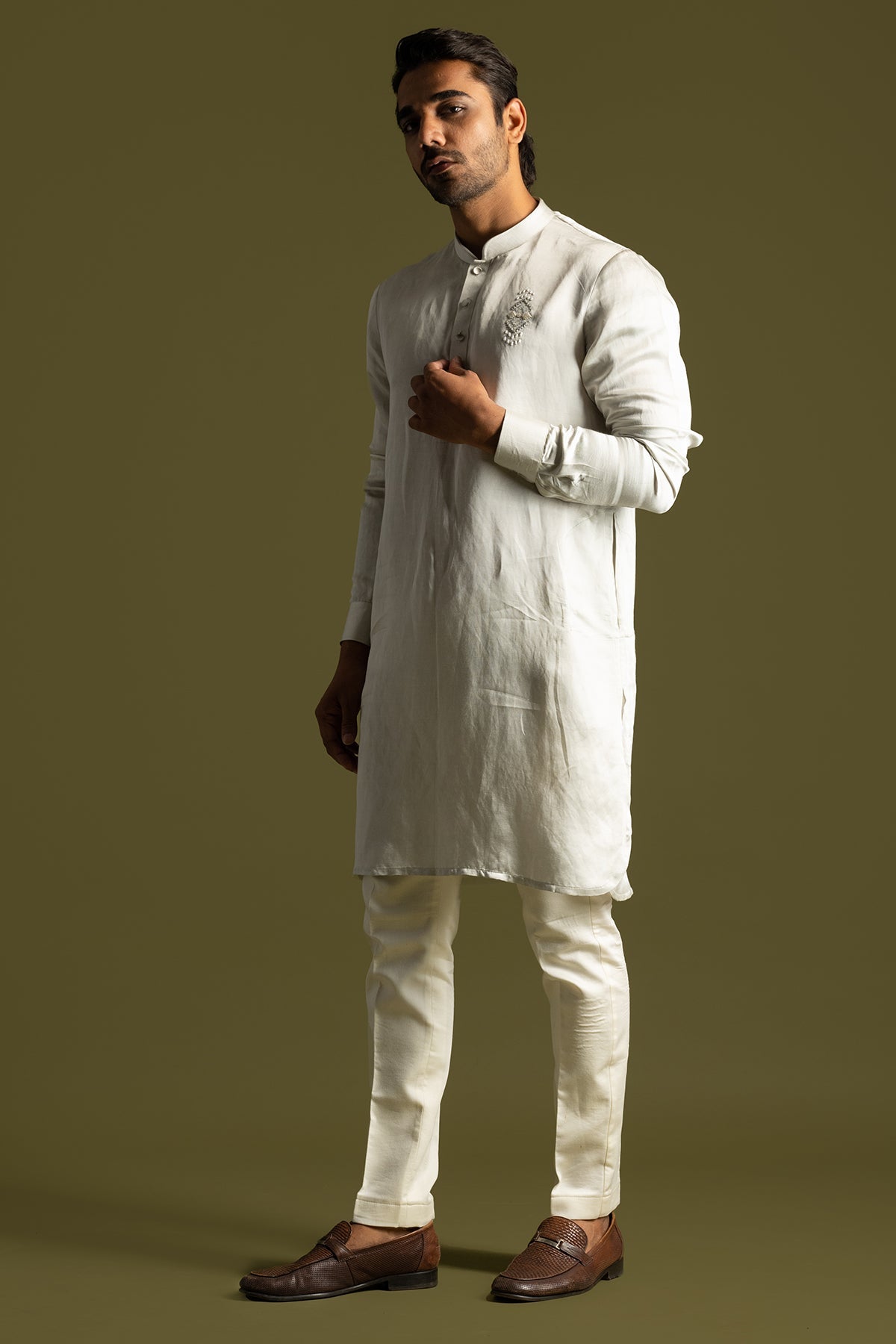 Buy Grey Linen Satin Kurta & Pants for men by Paarsh Atelier online available at scrollnshops