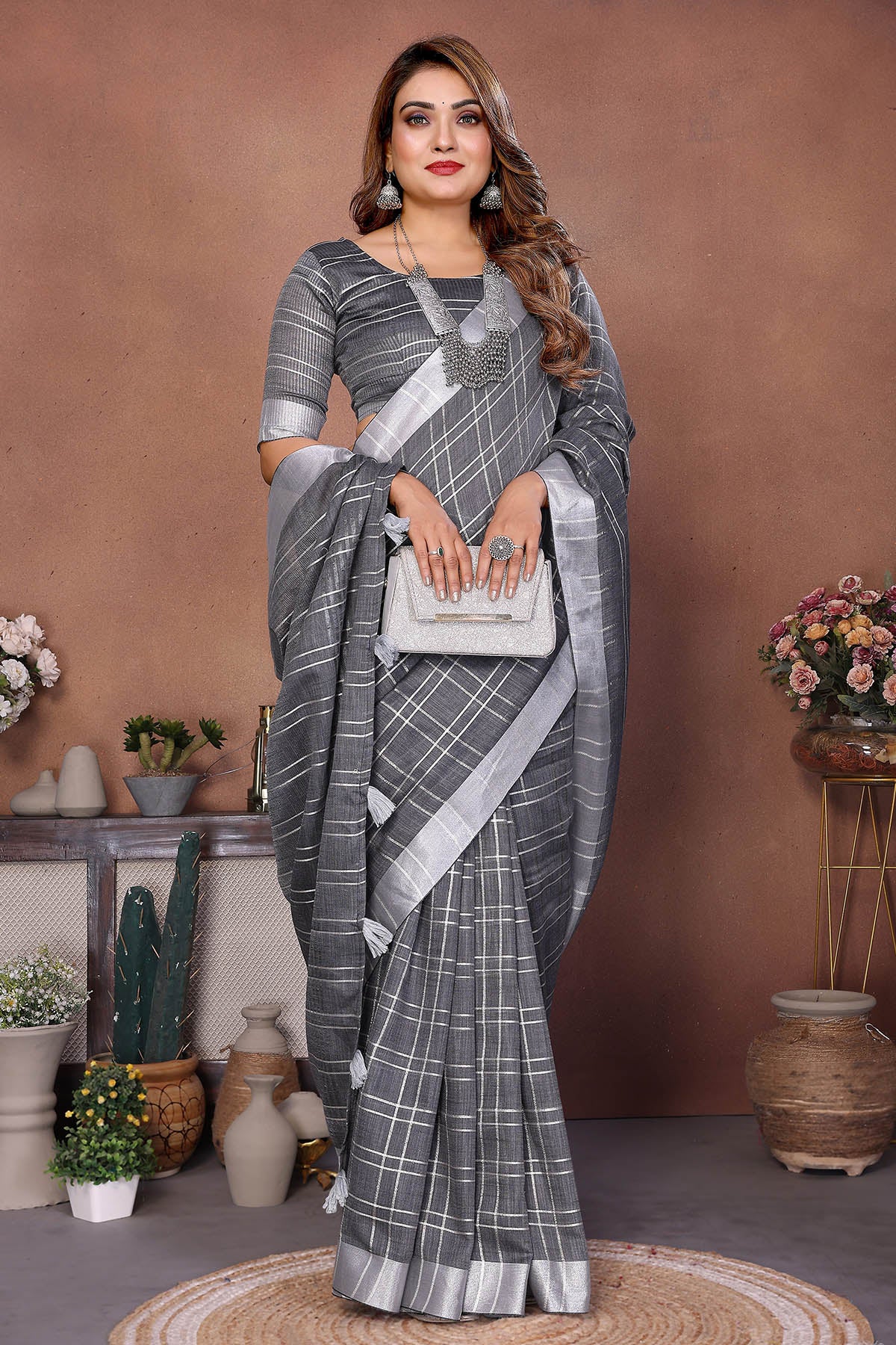 Grey Linen Weaving Fancy Saree