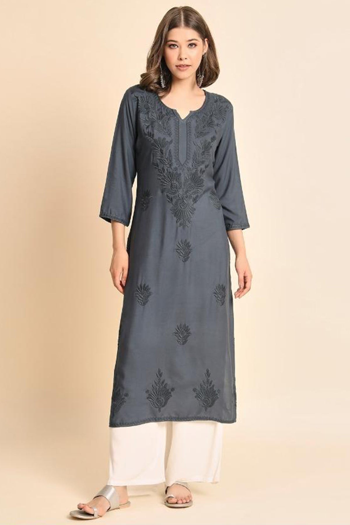 Buy Grey Lucknowi Chikankari Kurta for women by Aastha Fashion online available at scrollnshops