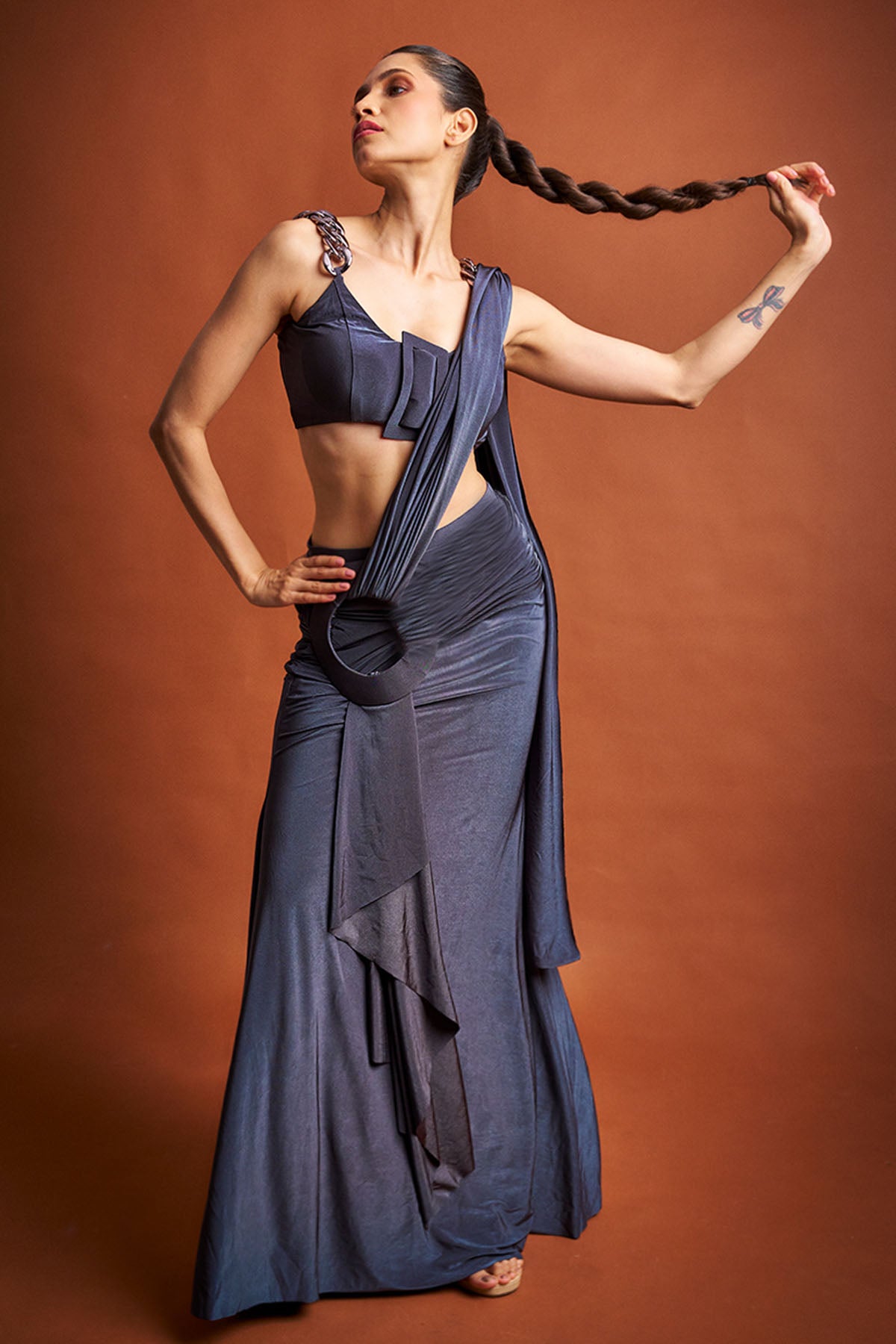 Grey Lycra Pre Draped Saree Set