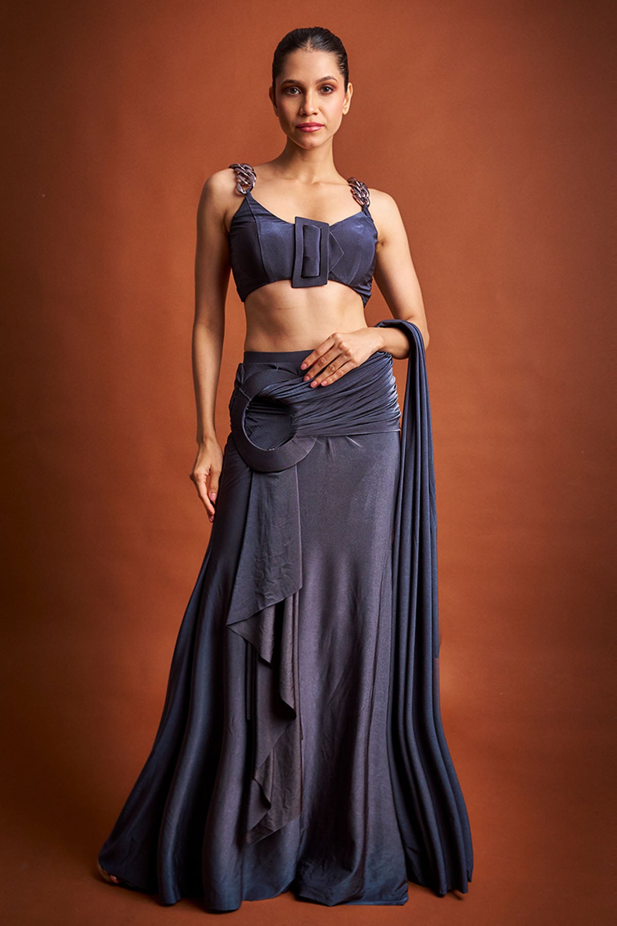 Grey Lycra Pre Draped Saree Set