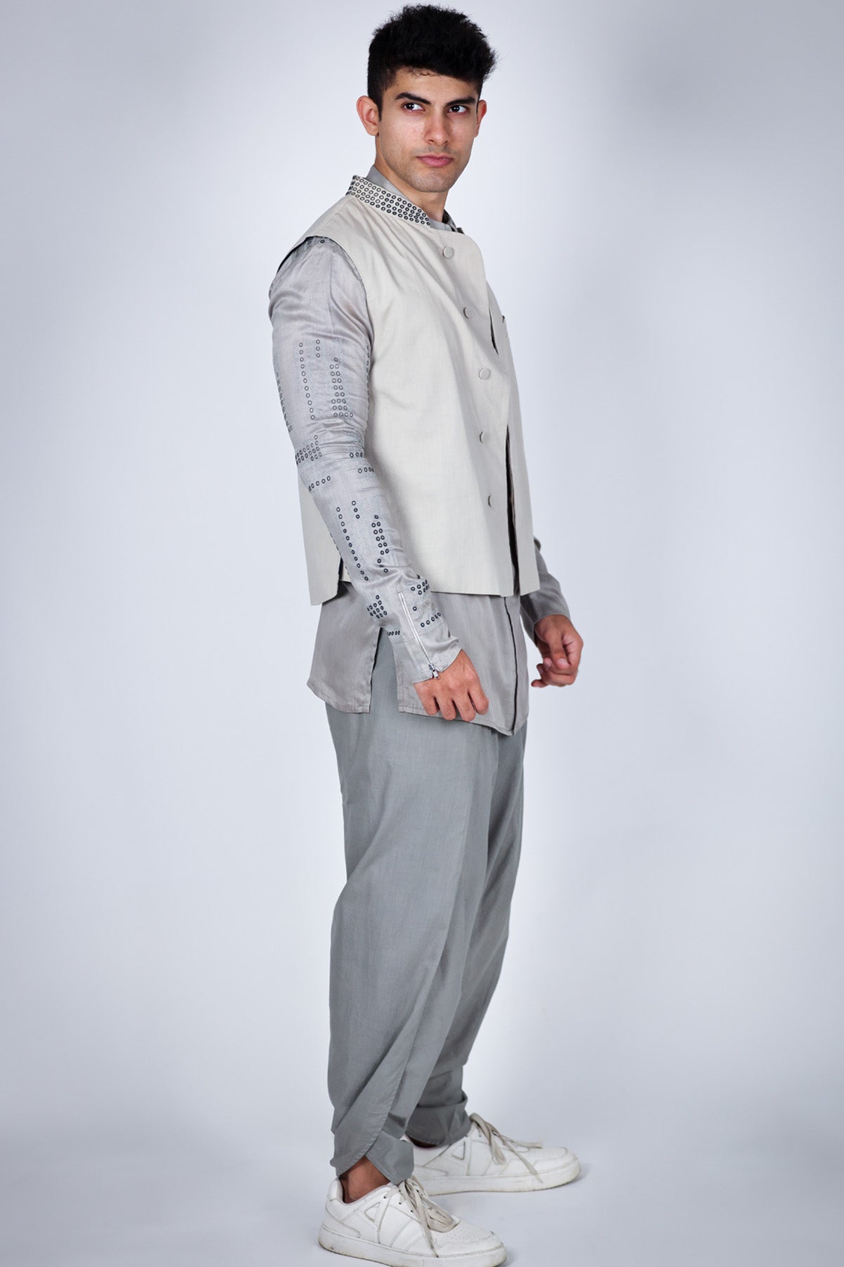 Grey Mandarin Collar Bundi Set