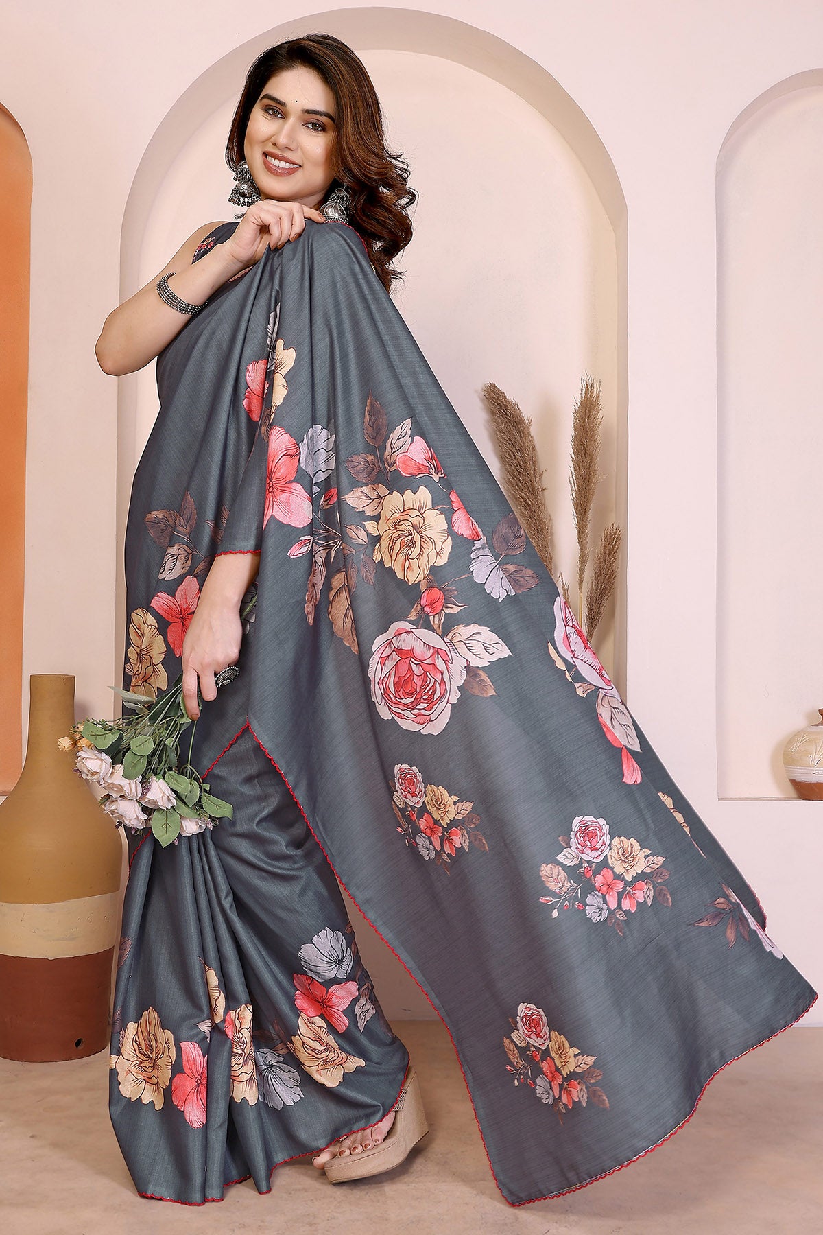 Grey Manipuri Arka Work Saree