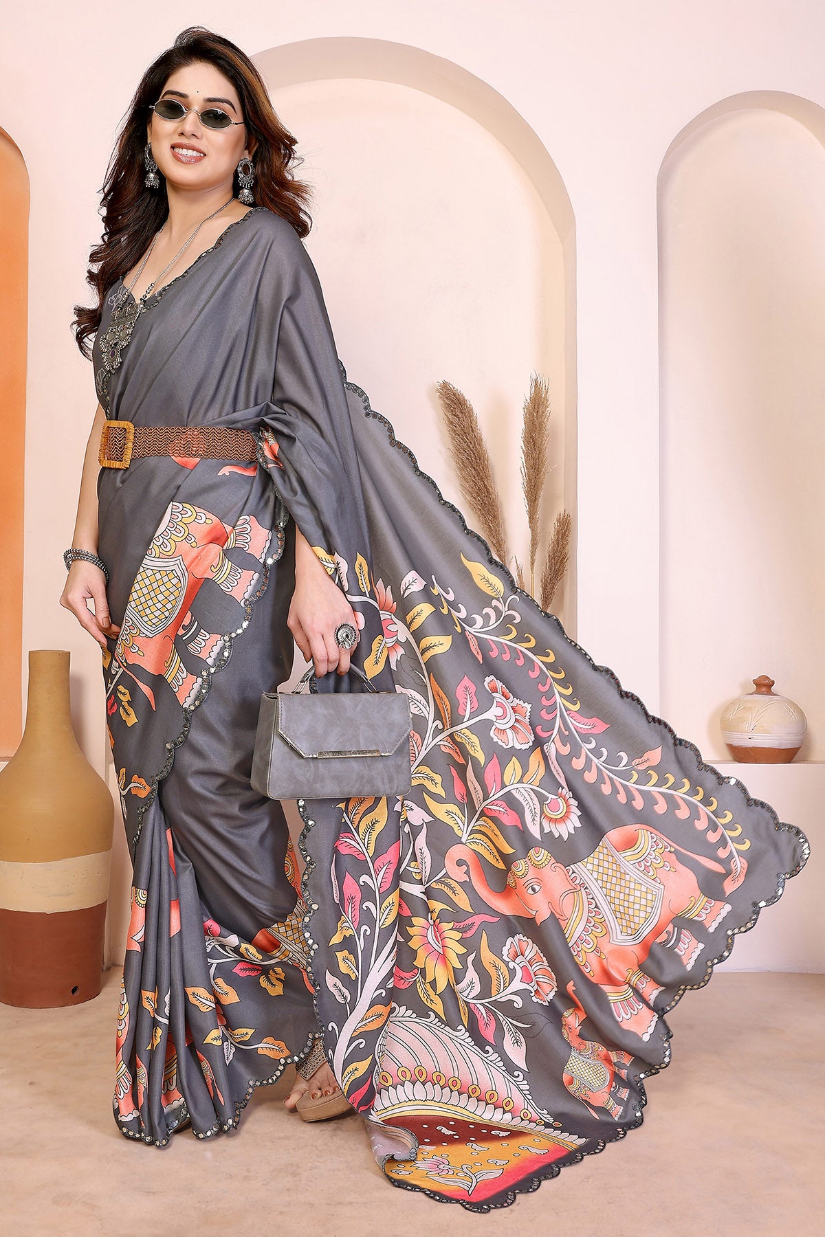 Grey Manipuri Kalamkari Saree