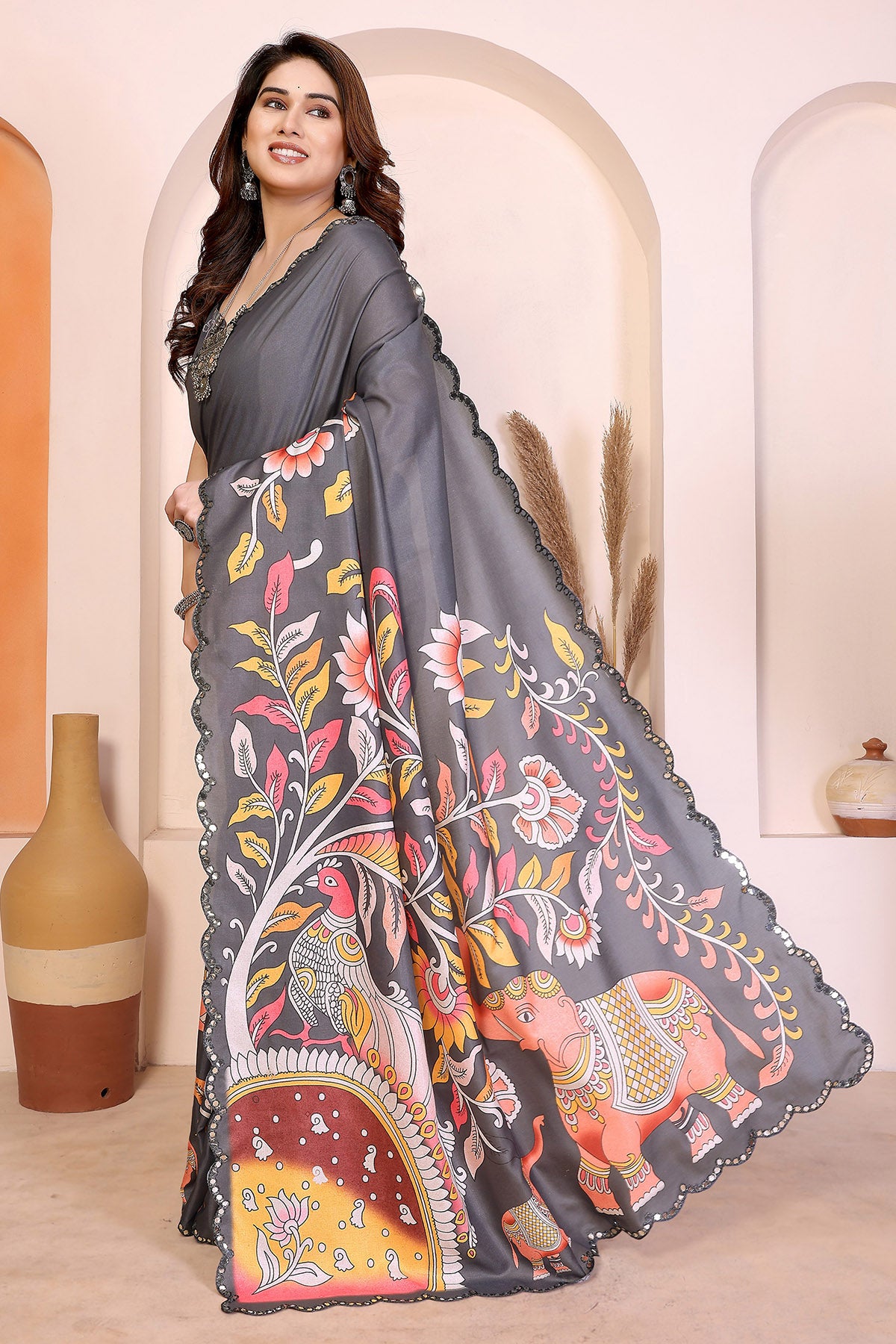 Grey Manipuri Kalamkari Saree