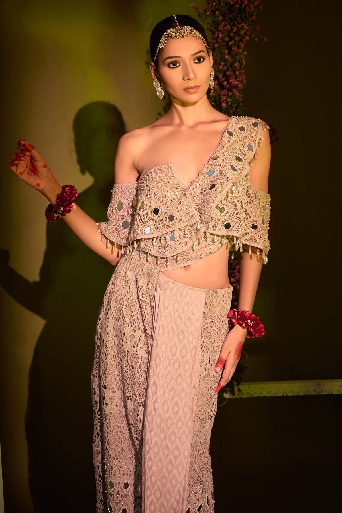 Grey Mirror Work Saree Gown