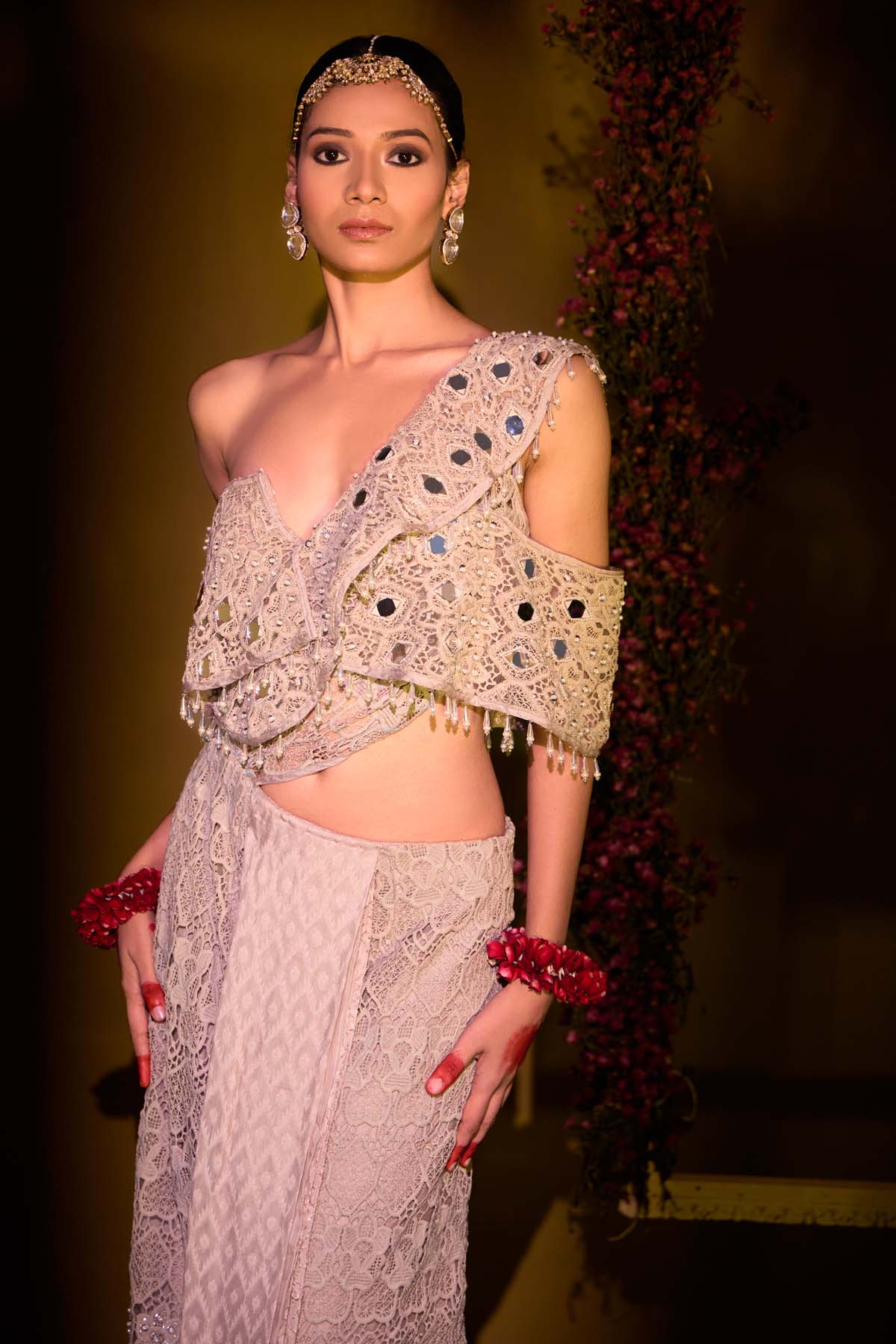 Grey Mirror Work Saree Gown