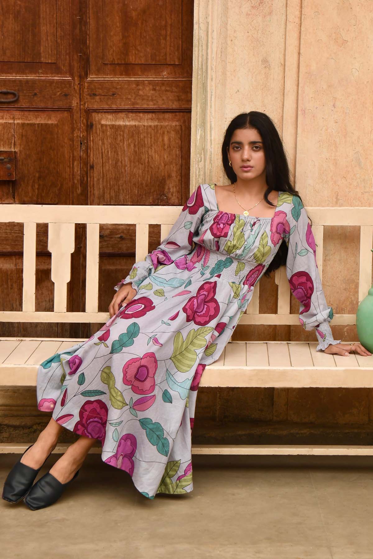 Grey Mulmul Square Neck Dress