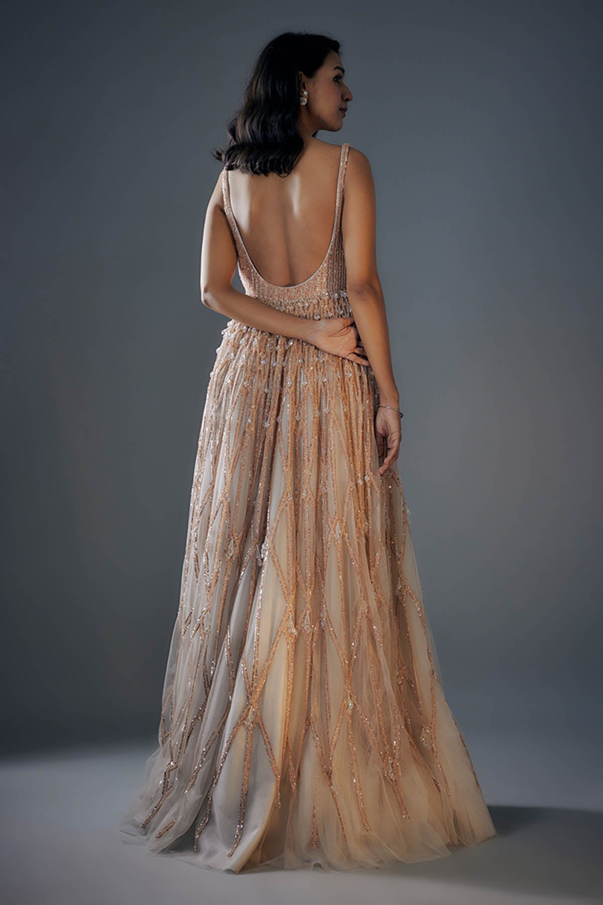 Grey Net Embroidered Flared Gown