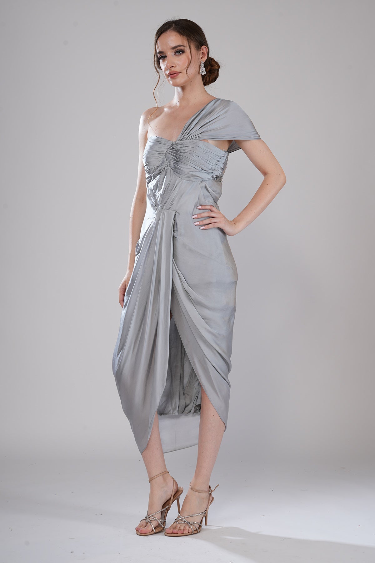Grey One Shoulder Draped Dress