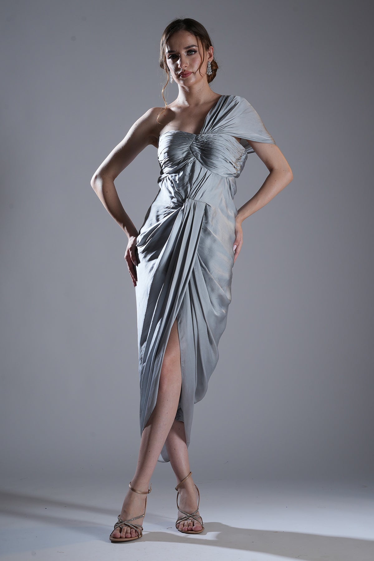 Buy Grey One Shoulder Draped Dress by Smita Shrinivas for women online at ScrollnShops