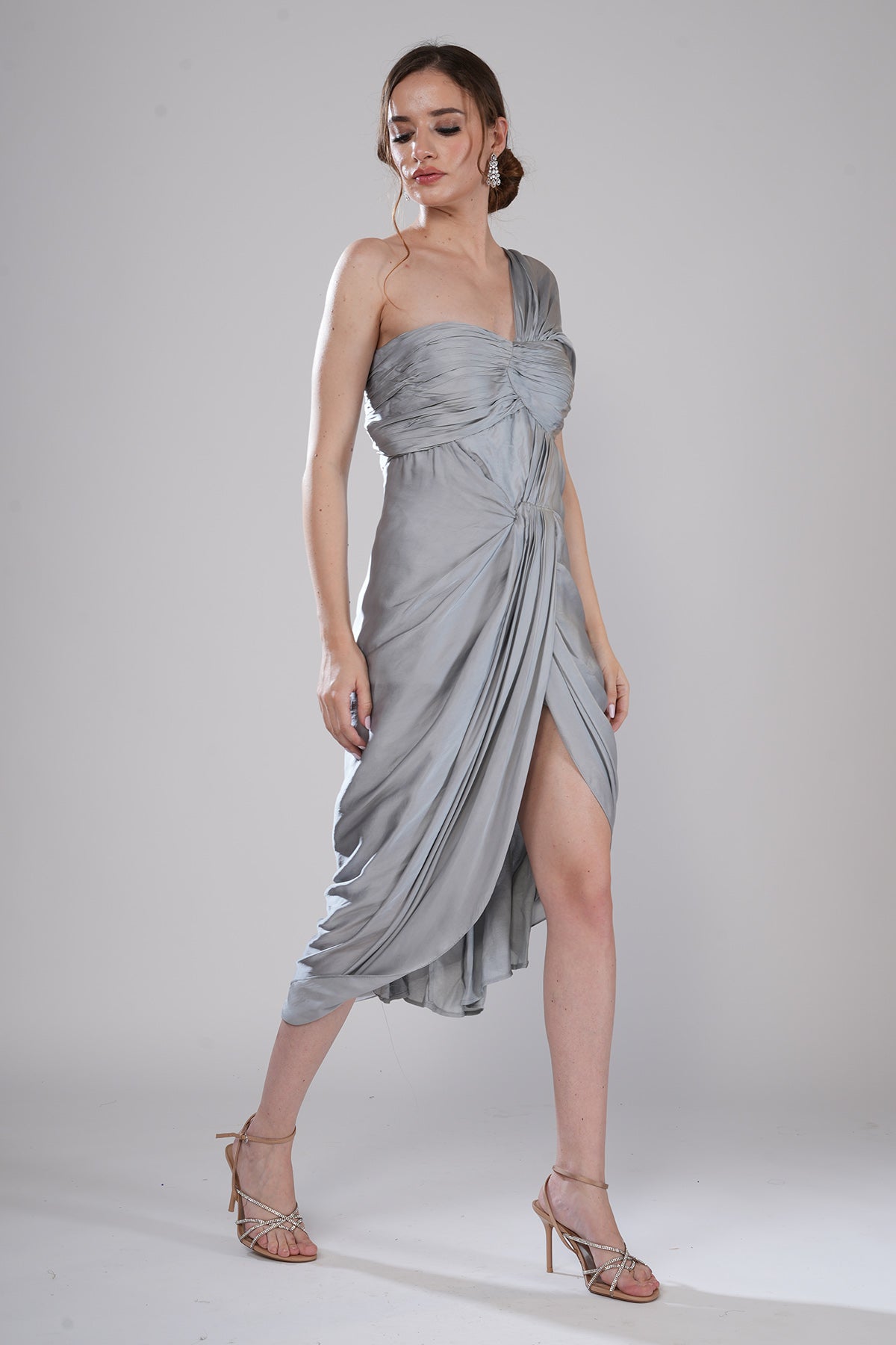 Grey One Shoulder Draped Dress