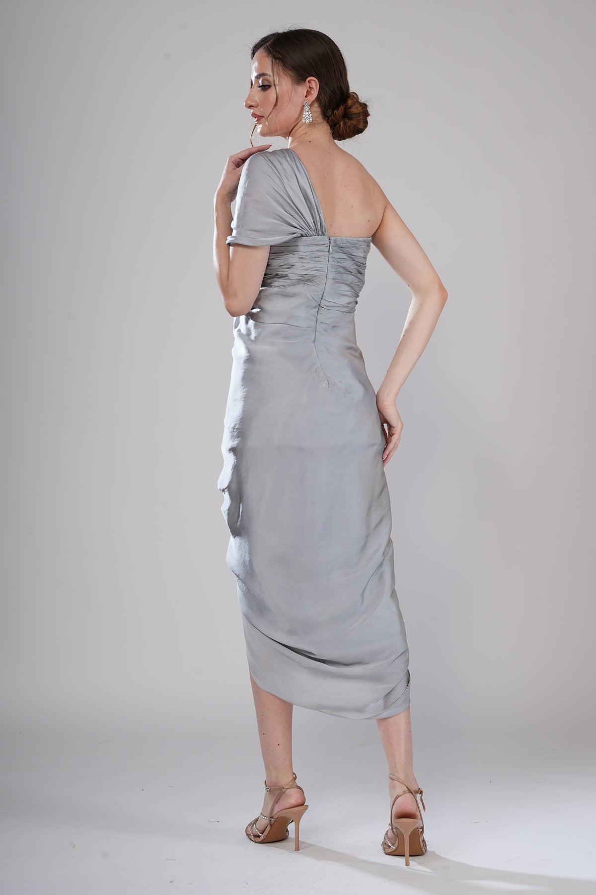 Grey One Shoulder Draped Dress