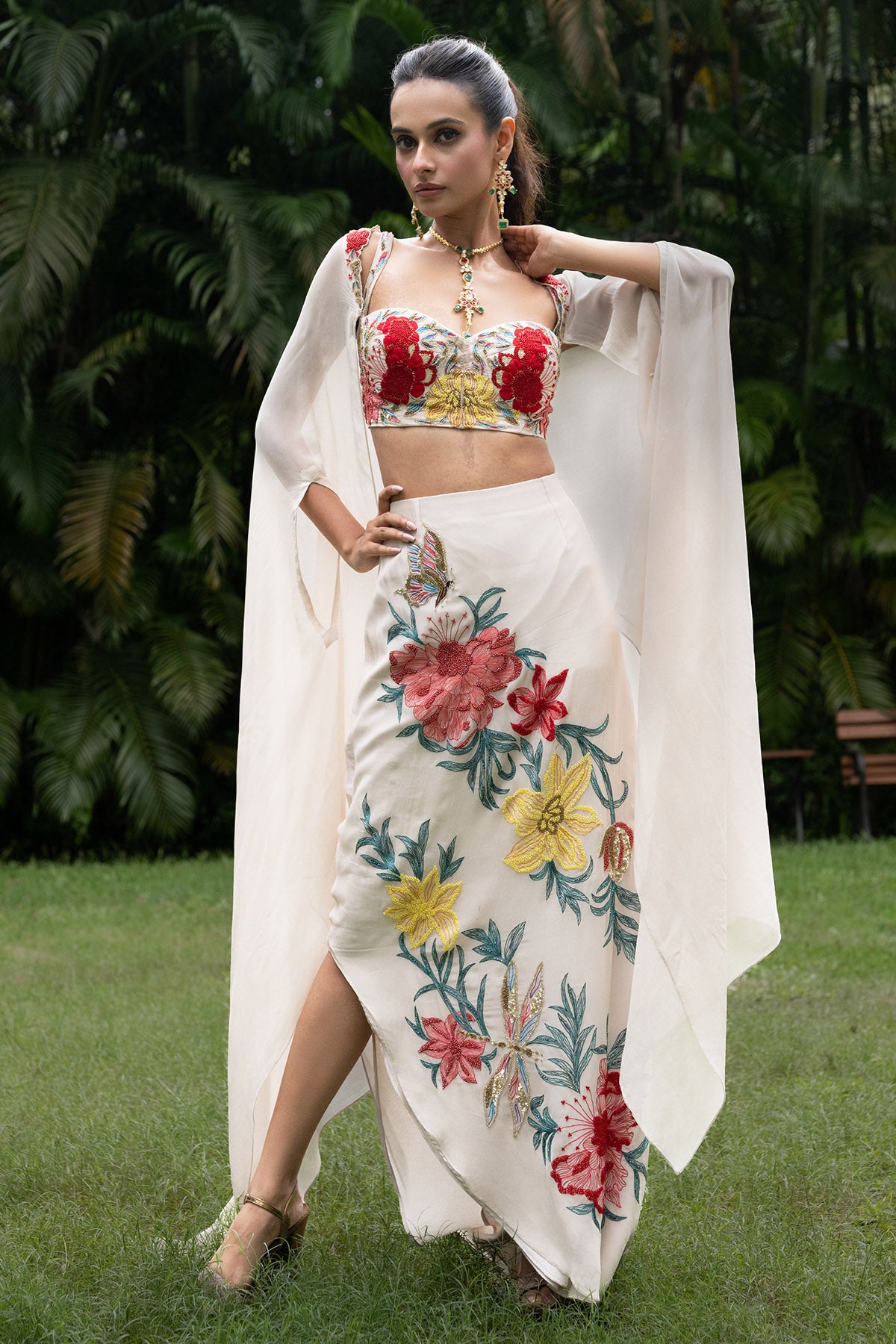 Grey Organza Floral Lehenga Set