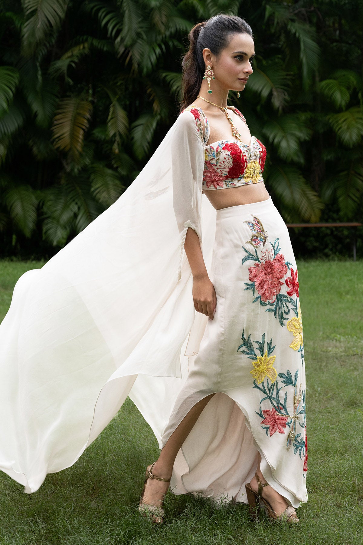 Grey Organza Floral Lehenga Set