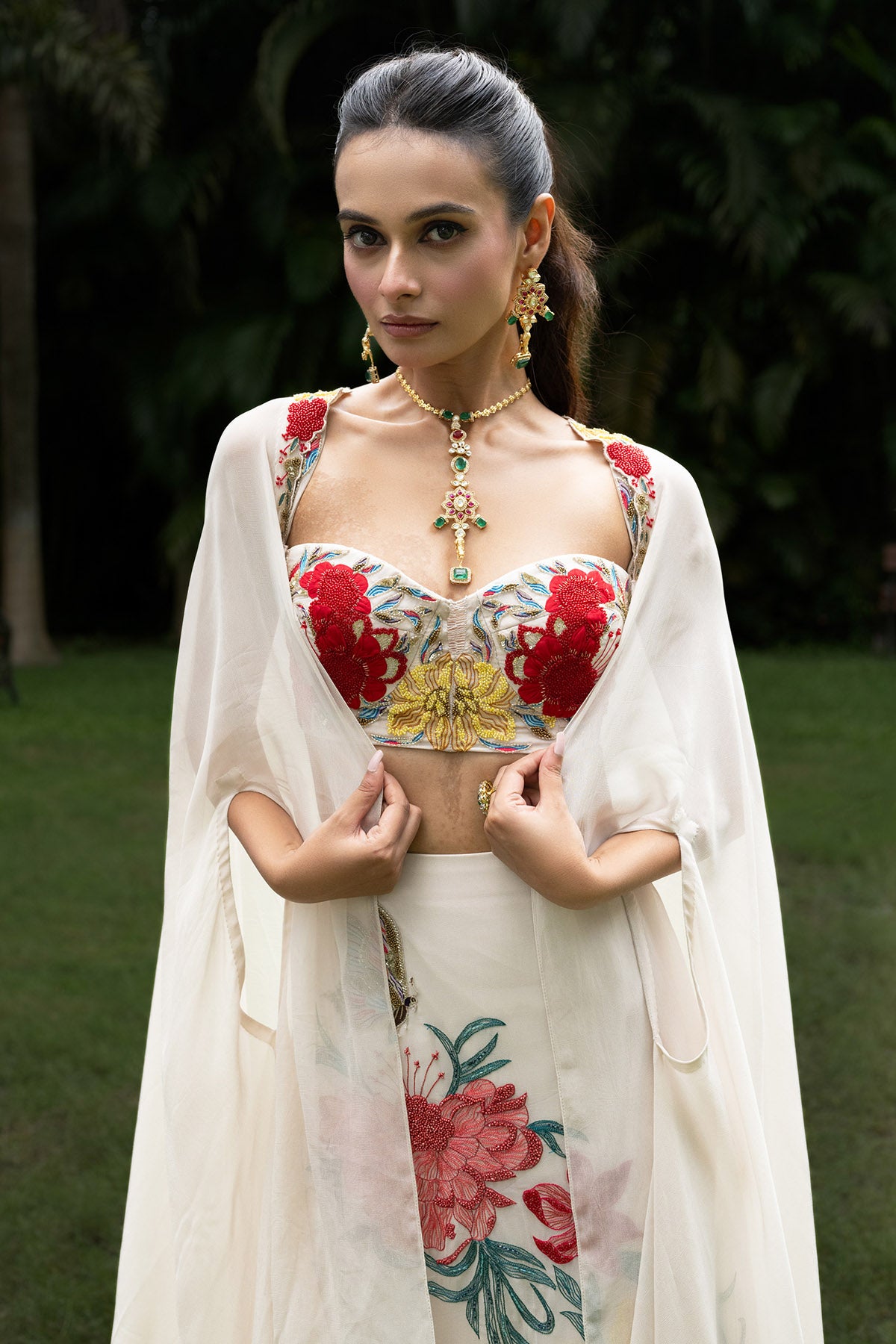 Grey Organza Floral Lehenga Set