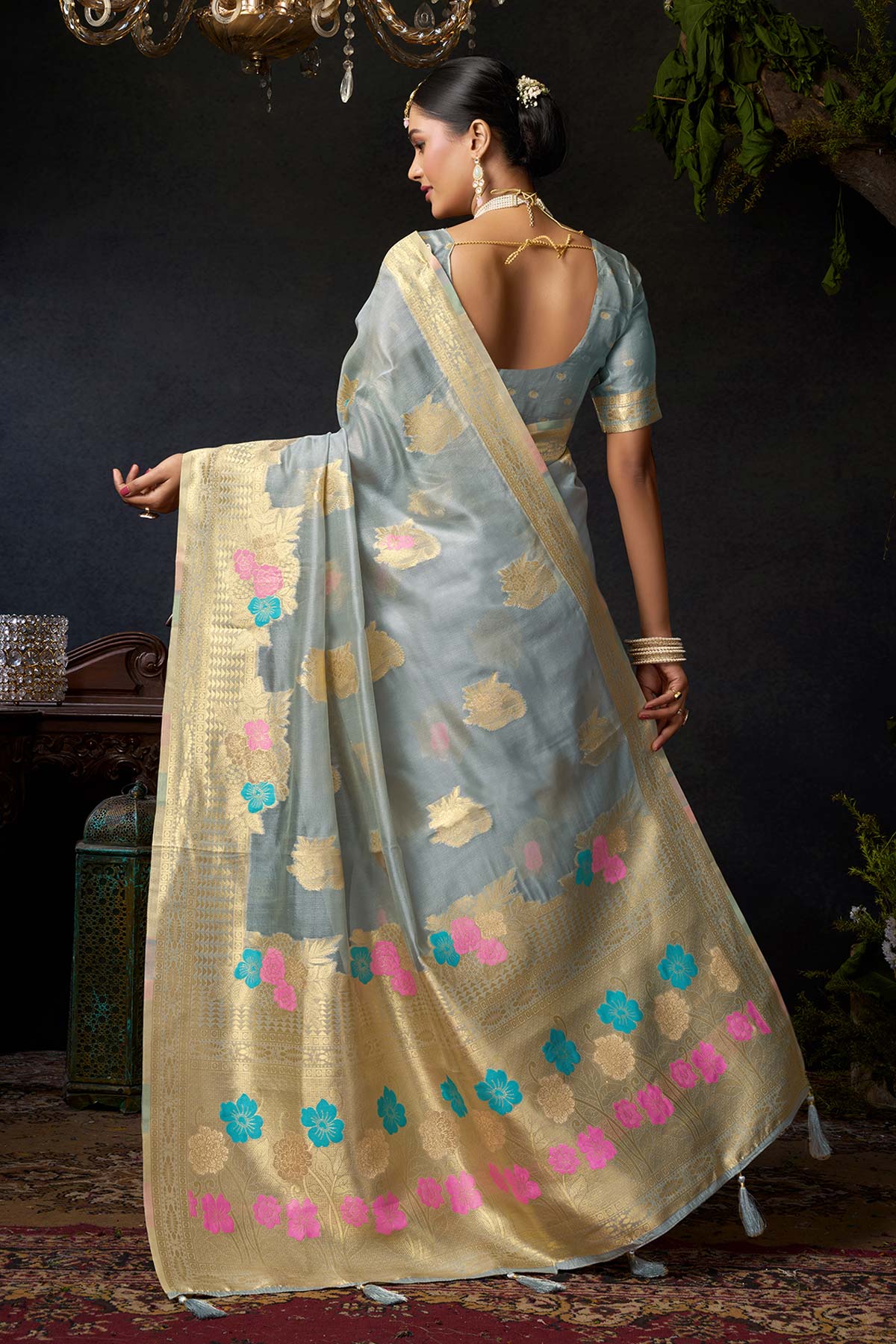 Grey Organza Khadi Zari Saree