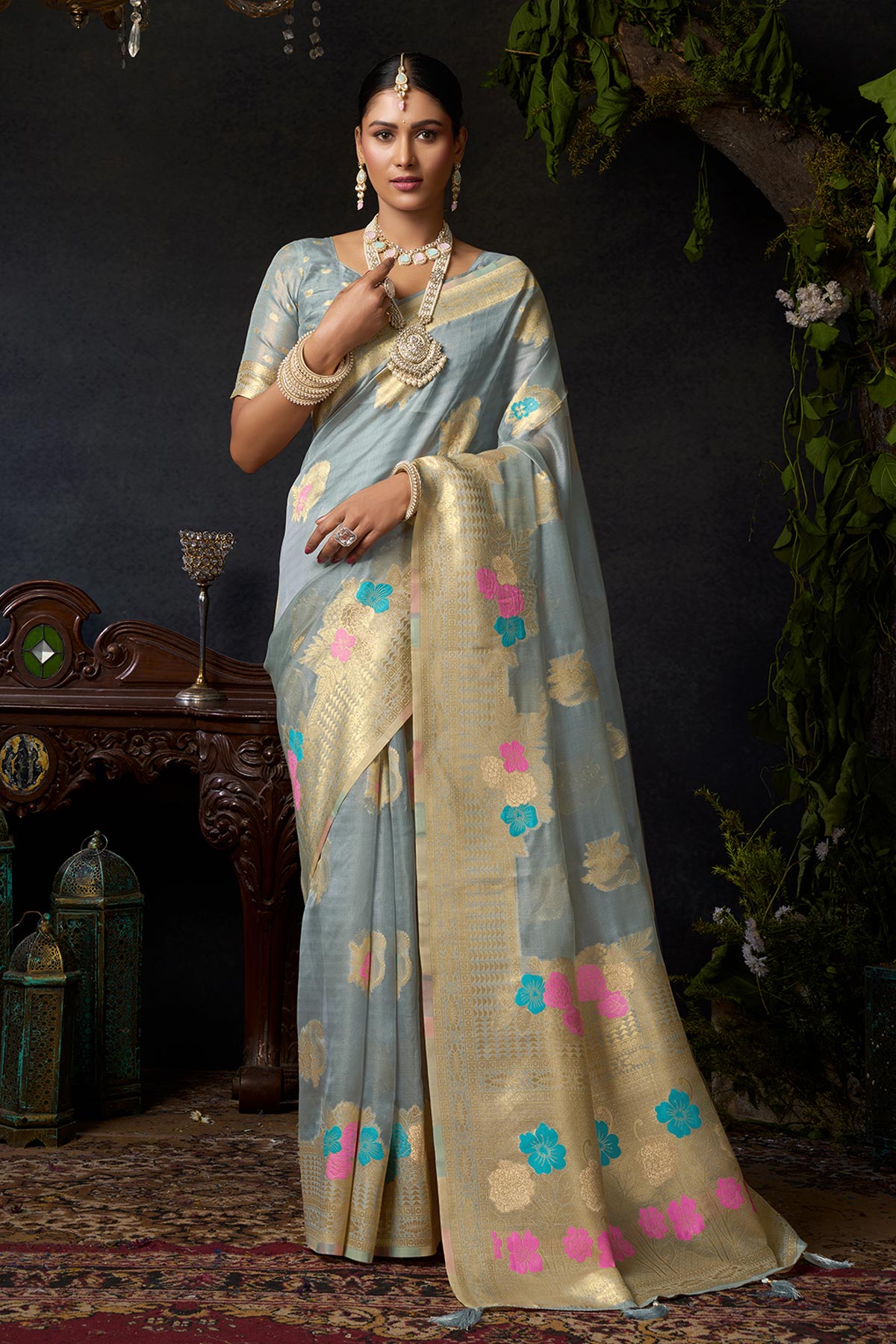 Buy Grey Organza Khadi Zari Saree for women by Jyoti Fashion online available at scrollnshops