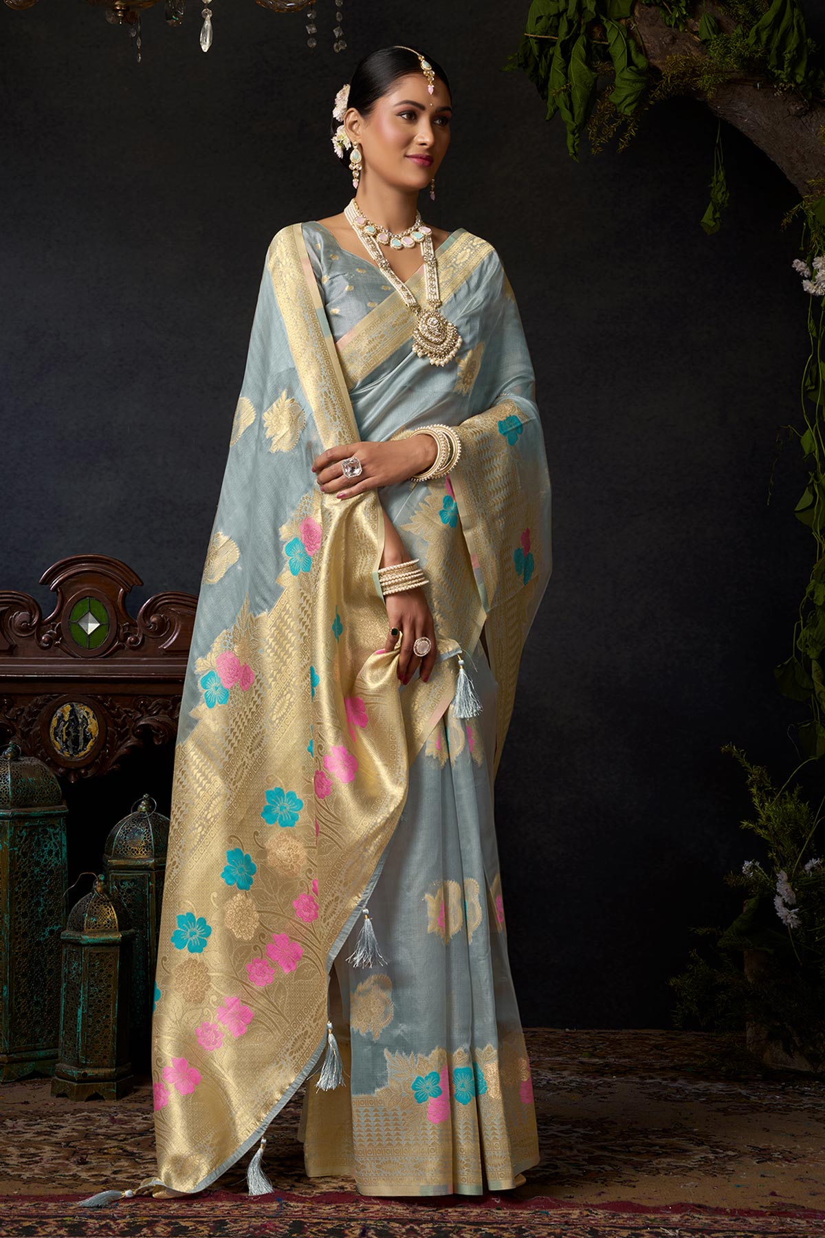 Grey Organza Khadi Zari Saree