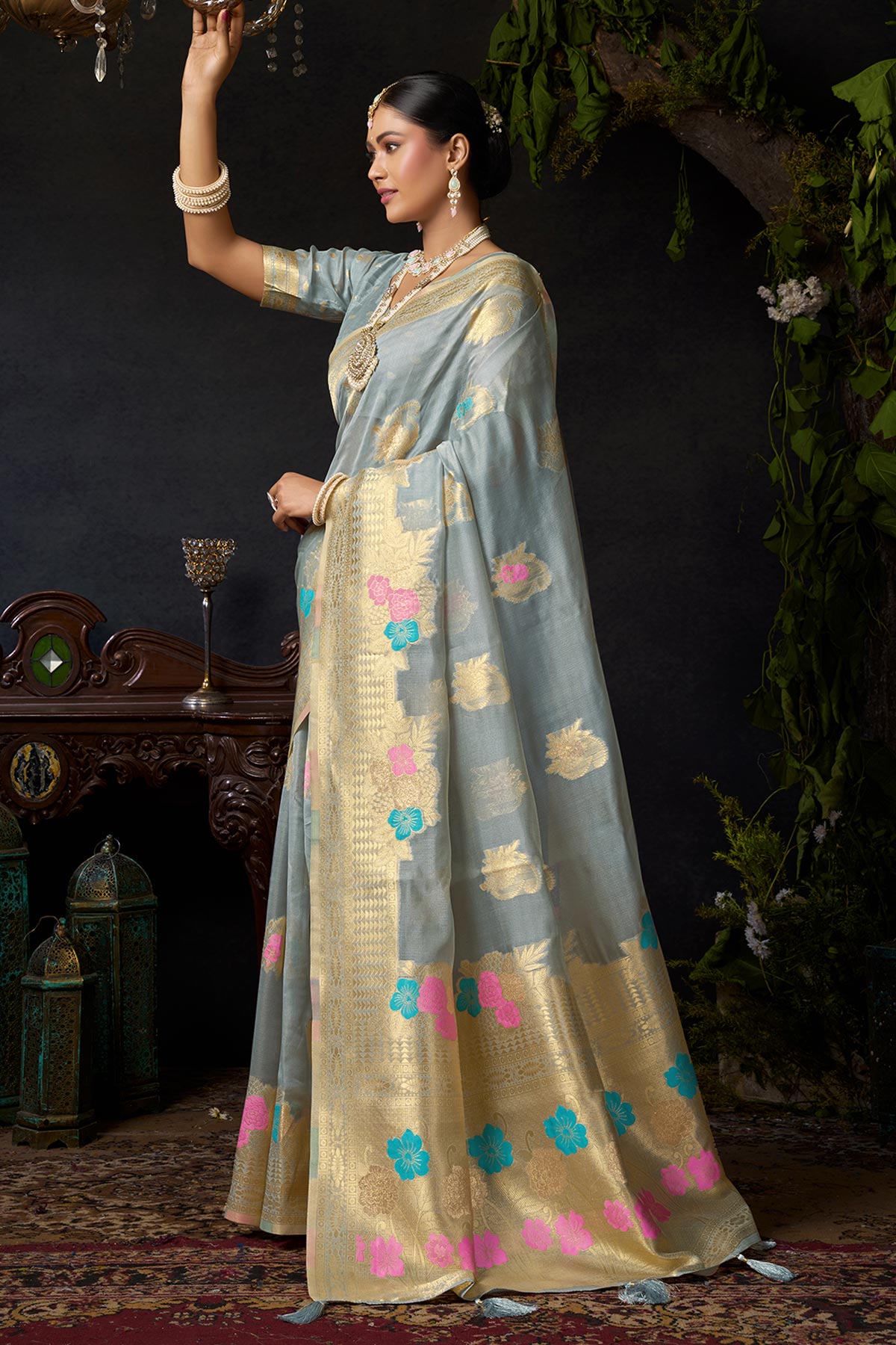 Grey Organza Khadi Zari Saree