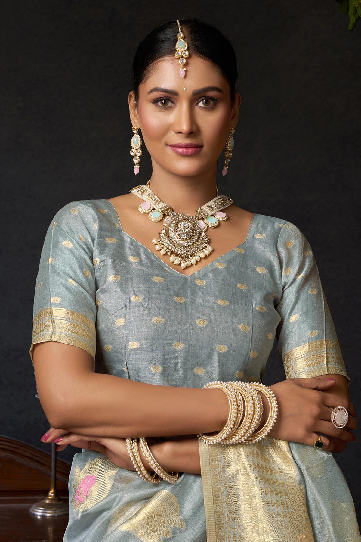 Grey Organza Khadi Zari Saree
