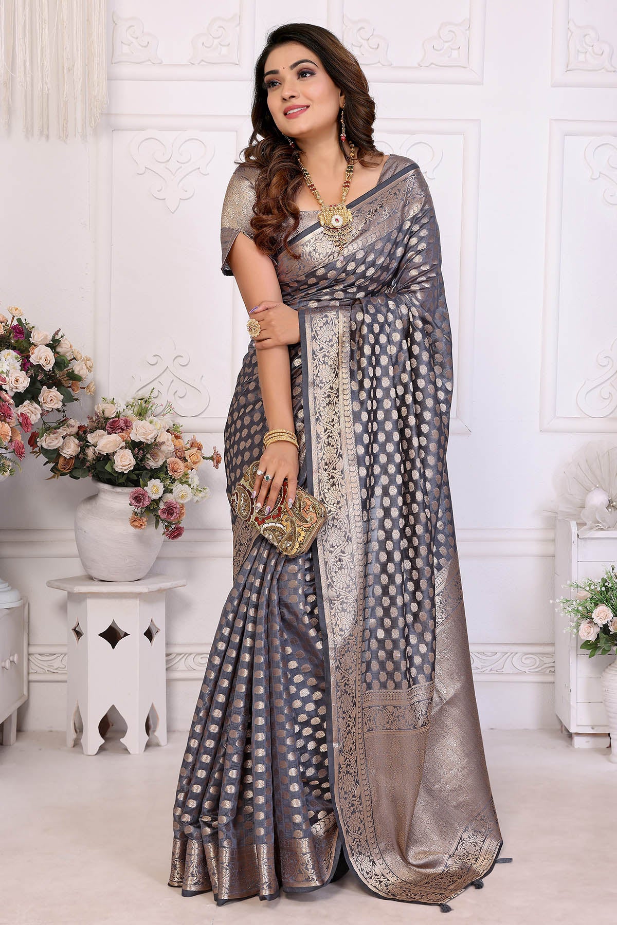 Grey Organza Silk Fancy Saree