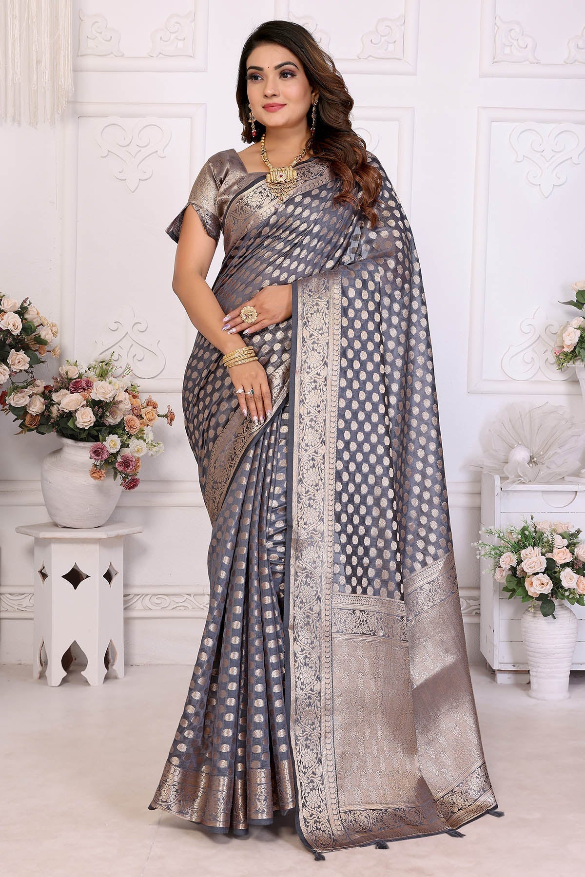 Buy Grey Organza Silk Fancy Saree for women by Aastha Fashion online available at scrollnshops