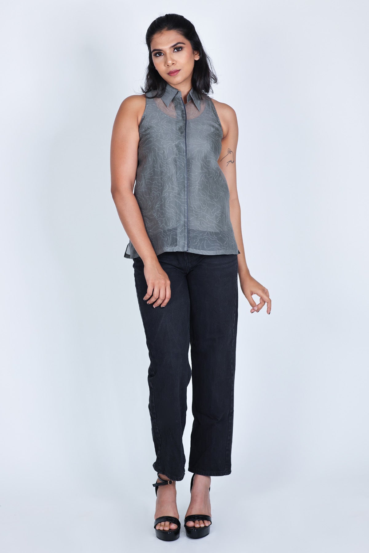 Arya Giri Grey Organza Sleeveless Shirt for women online at ScrollnShops