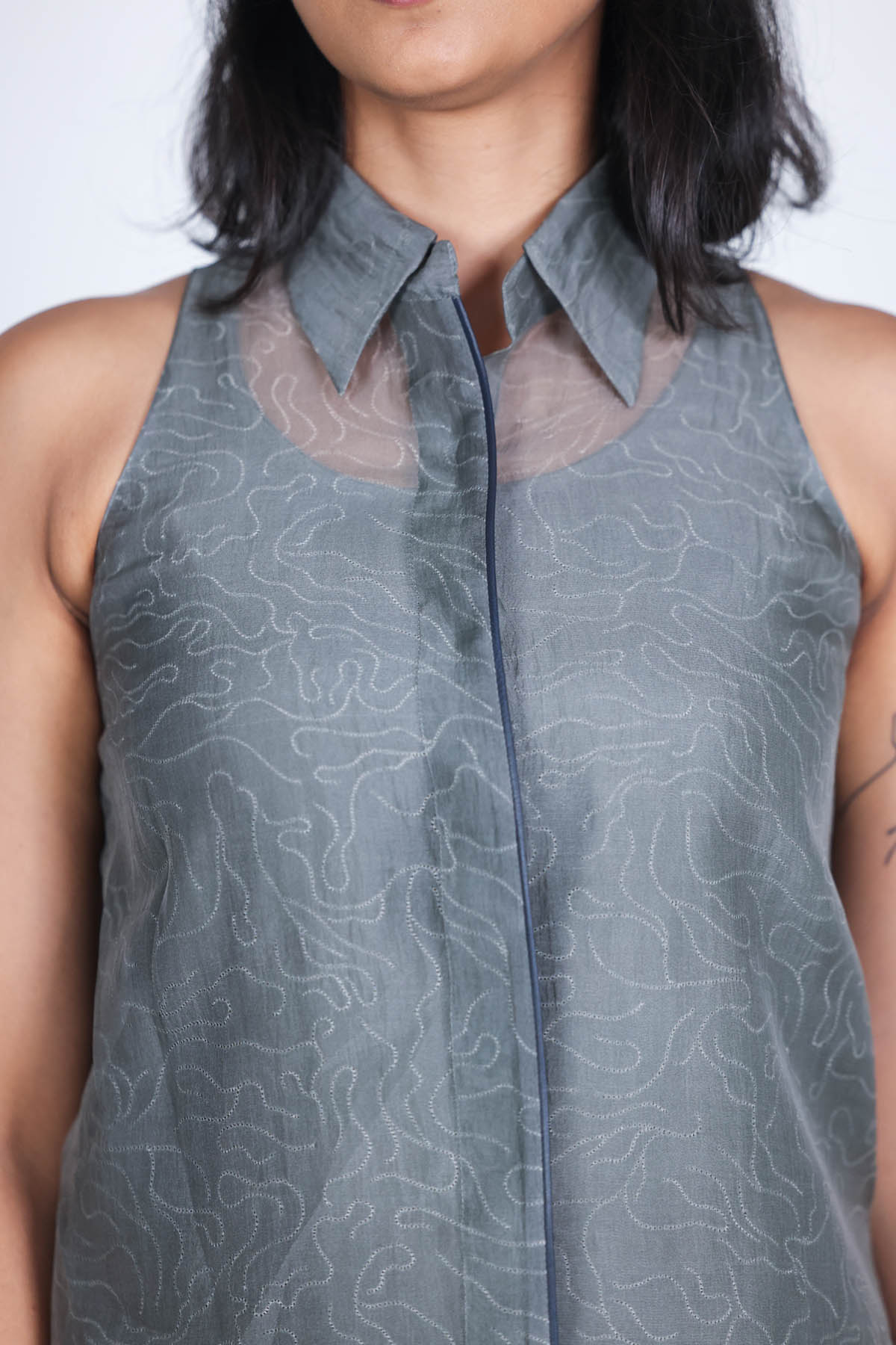 Grey Organza Sleeveless Shirt