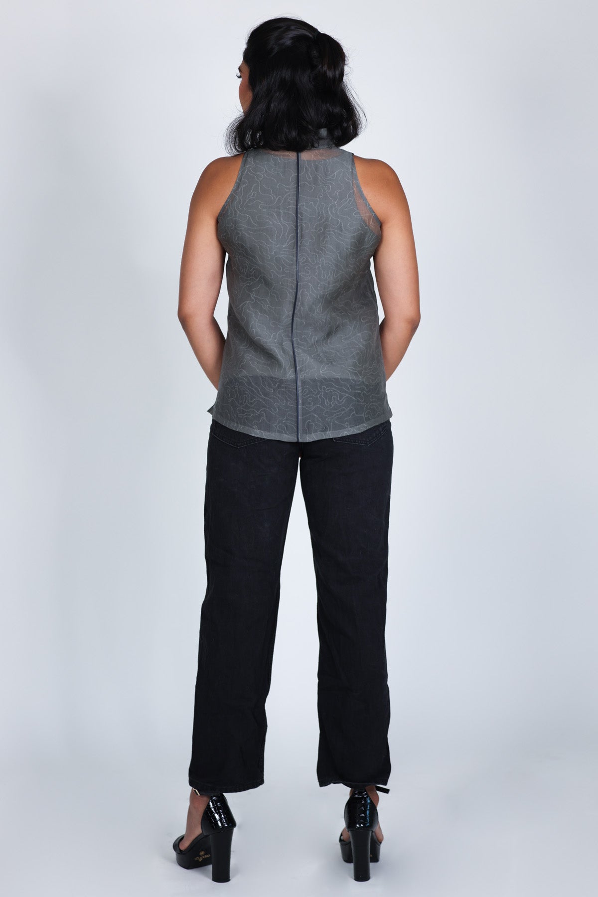 Grey Organza Sleeveless Shirt