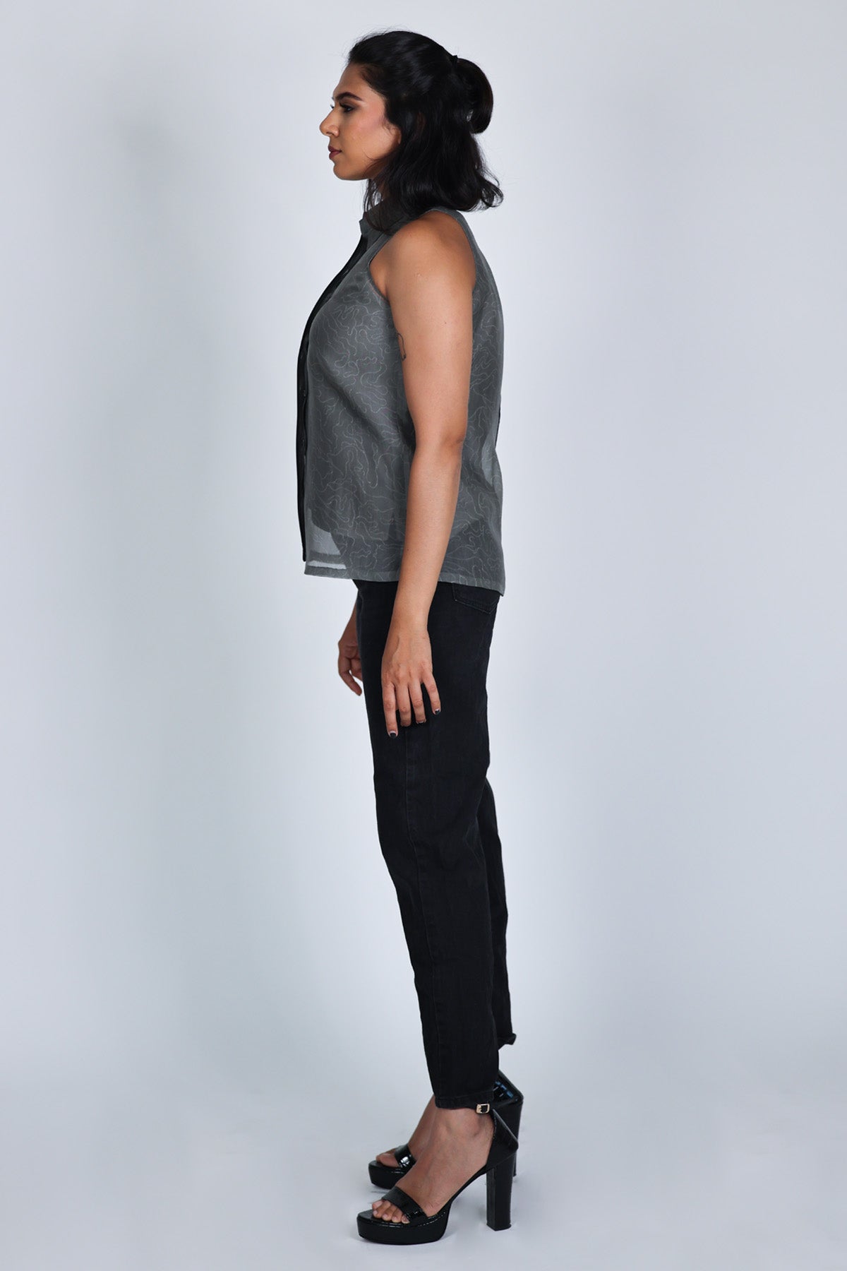 Grey Organza Sleeveless Shirt