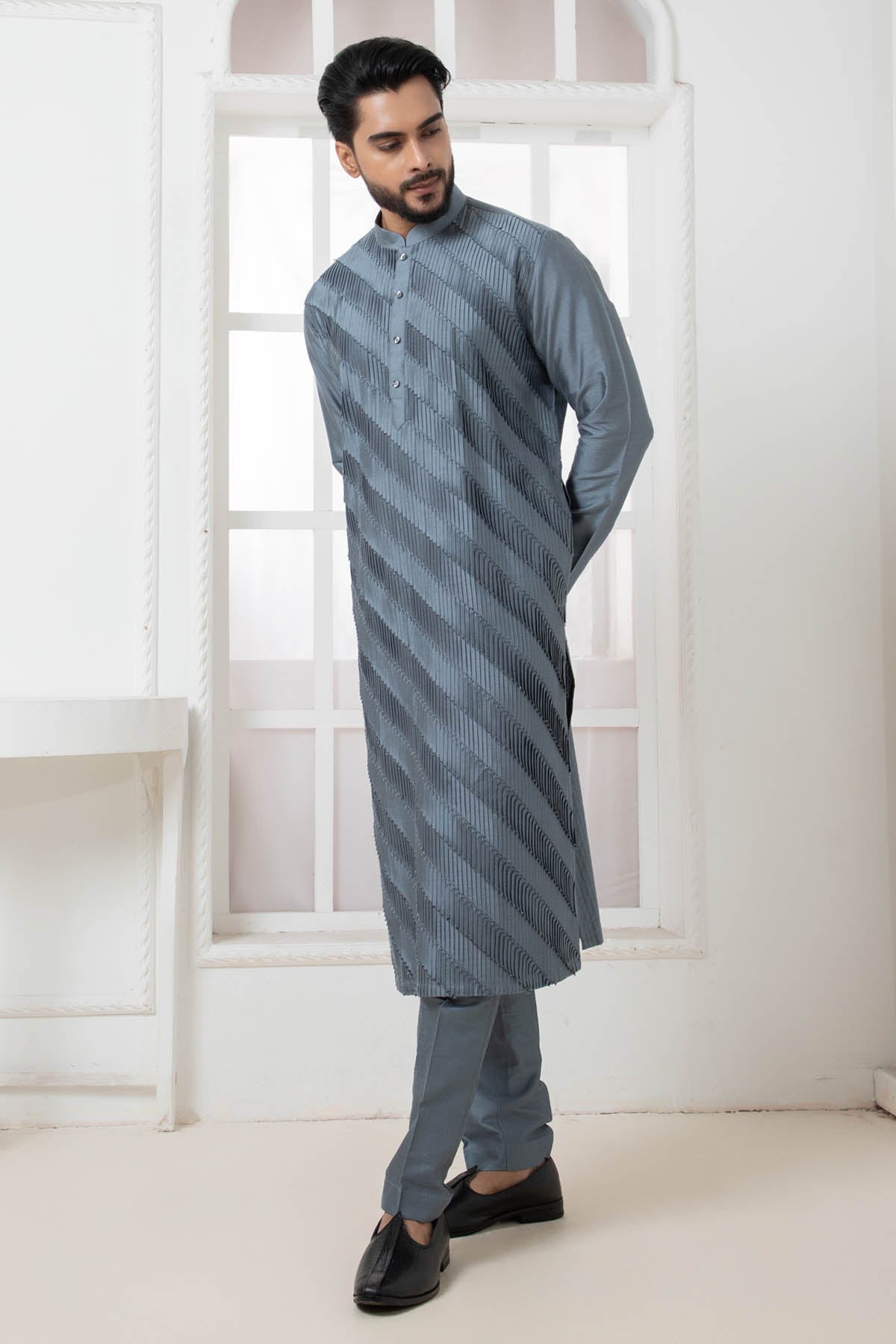 Darshika Menswear Grey Pintuck Kurta & Pajama for men online at ScrollnShops