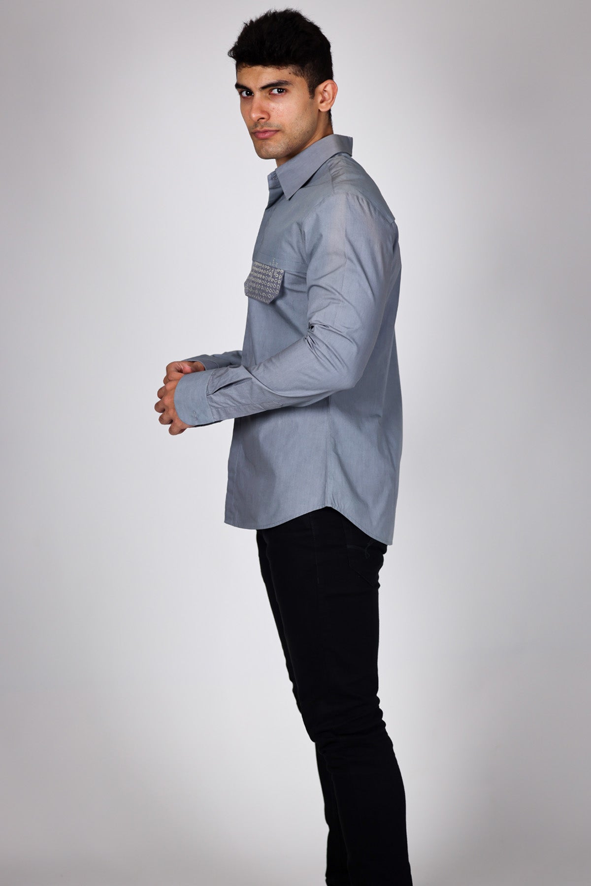 Grey Poplin Flap Pocket Shirt