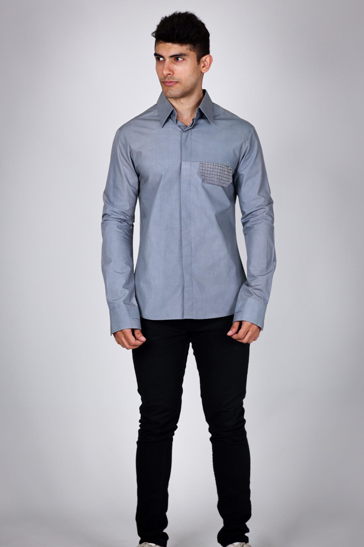 Arya Giri Grey Poplin Flap Pocket Shirt for men online at ScrollnShops