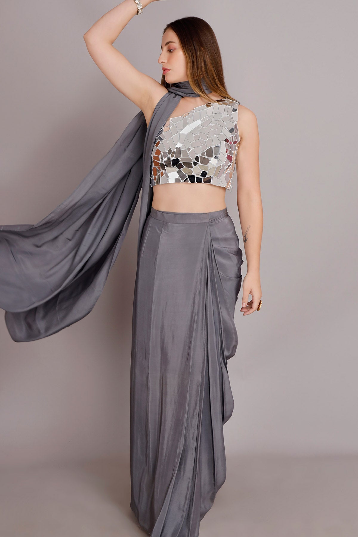 Buy Grey Pre-Draped Saree & Blouse by Harshita Dhanawat for women online at ScrollnShops