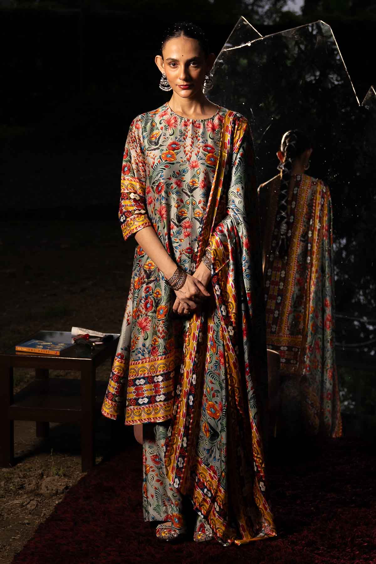 Buy Grey Print Cotton Silk Kurta Set by Saksham Neharicka for women online at ScrollnShops