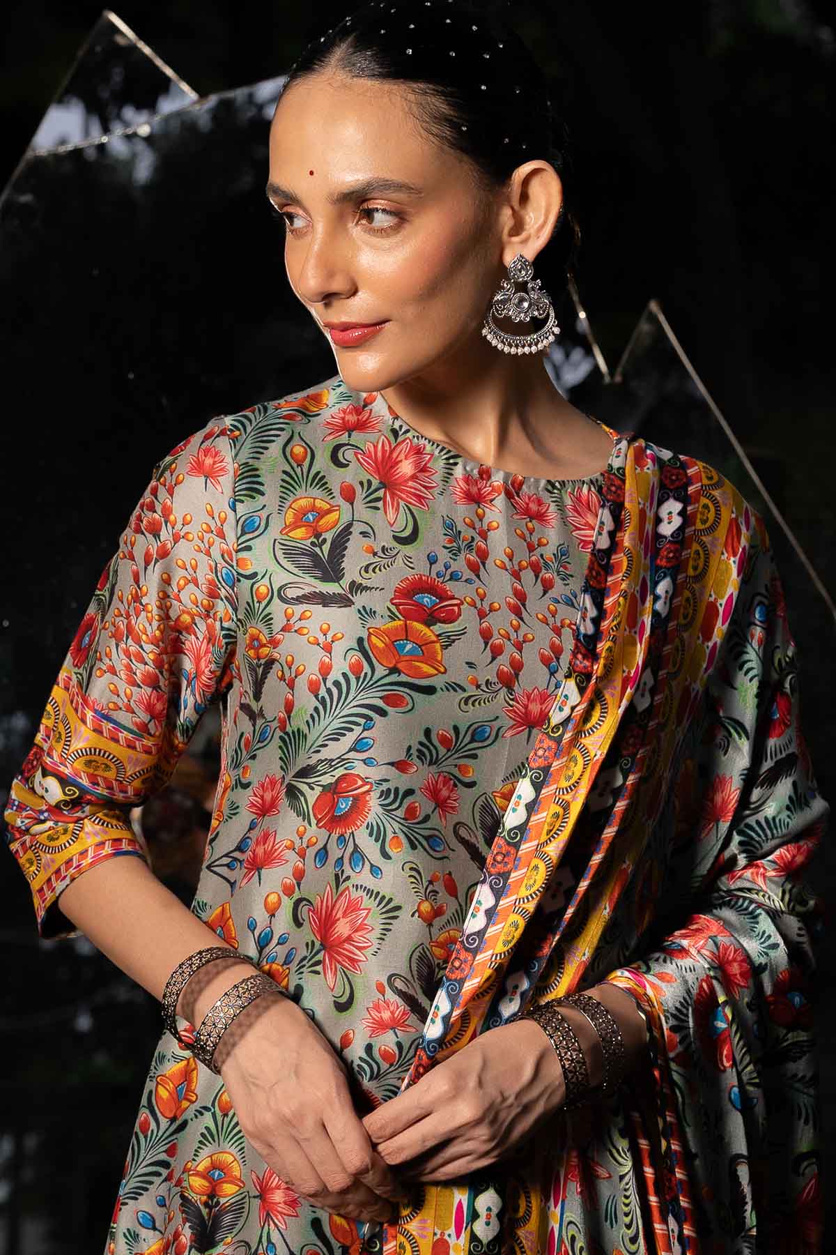 Grey Print Cotton Silk Kurta Set