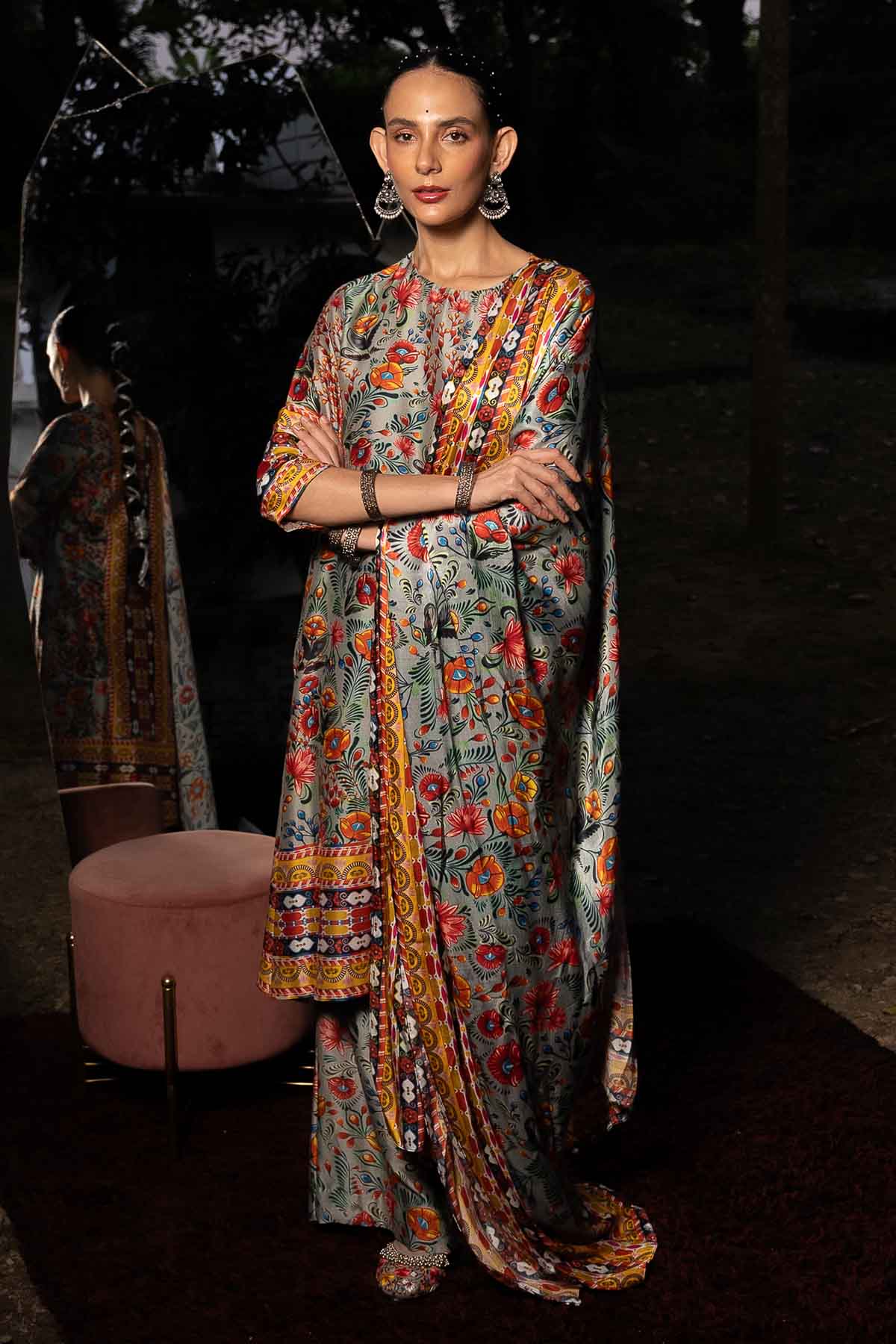 Grey Print Cotton Silk Kurta Set